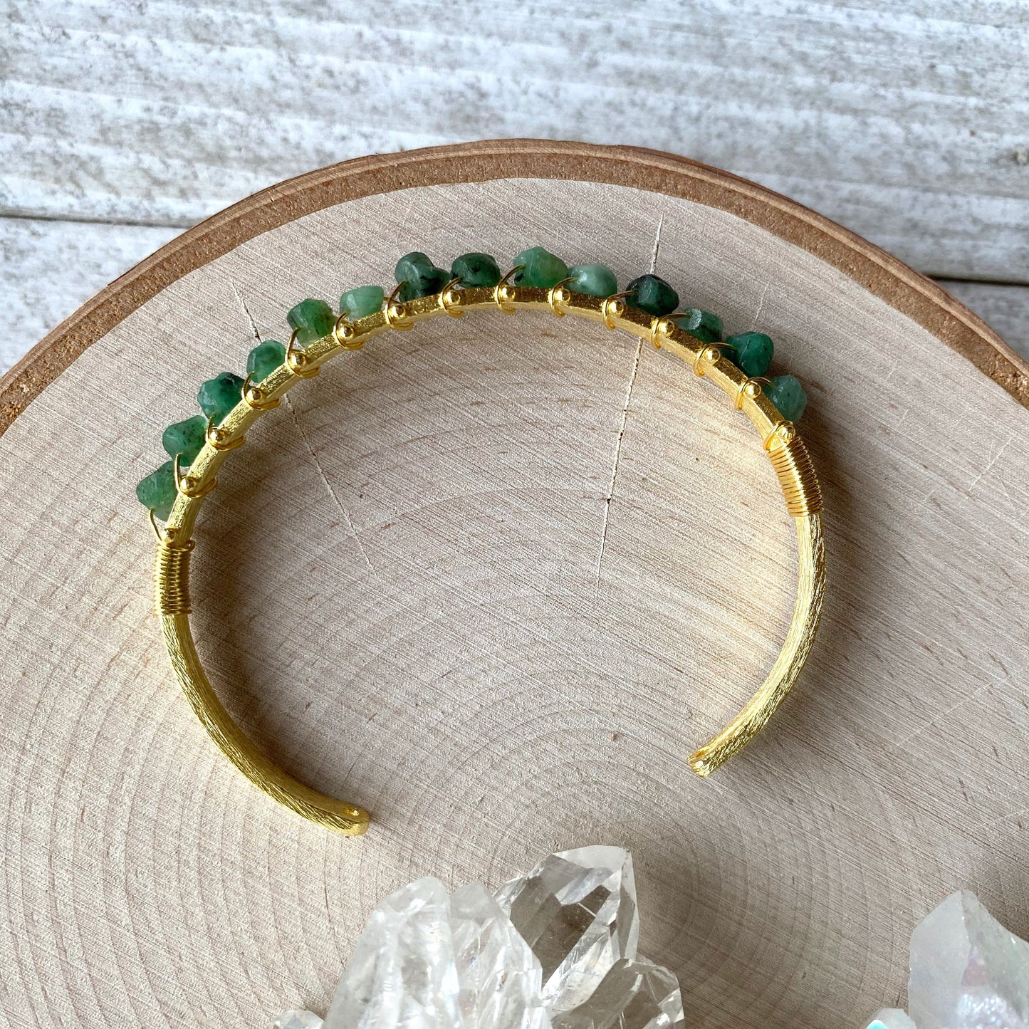 Raw Emerald Cuff Bracelet – 14k Gold Plated with Wire-Wrapped Gemstones