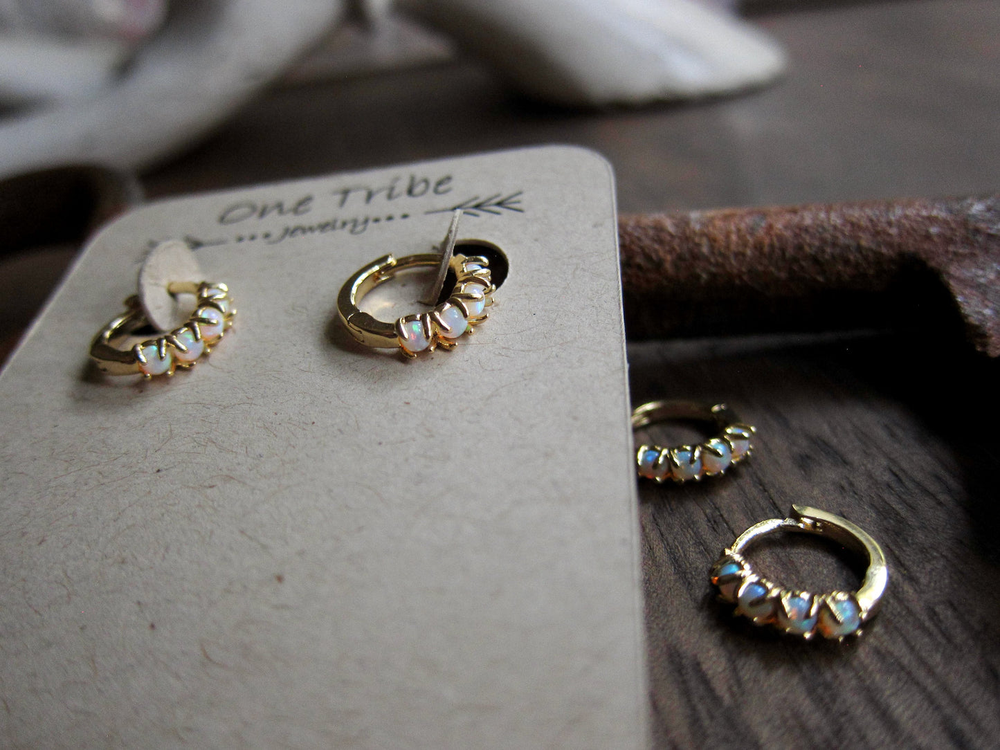 Tiny Opal Huggie Hoops – Stacking Earrings with Prong-Set Opals in Gold Fill, Boho October Birthstone Jewelry