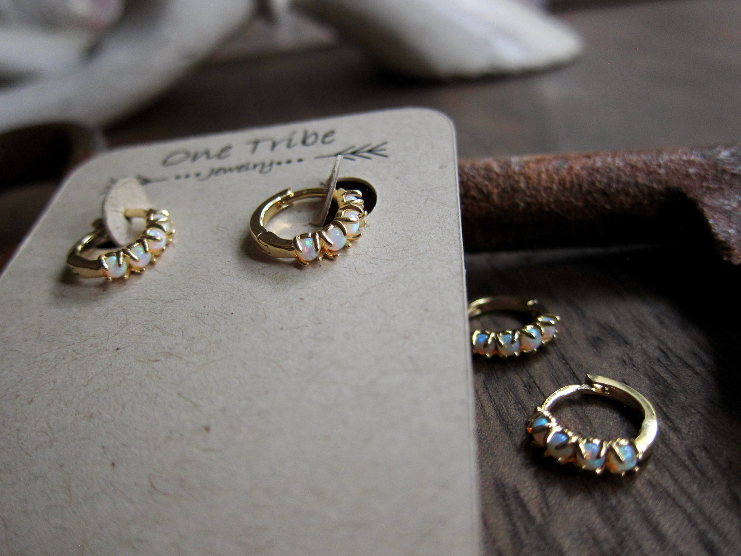 Blue Opal Huggie Hoop Earrings, Small Dainty Gold Hoop Earrings, October Birthstone