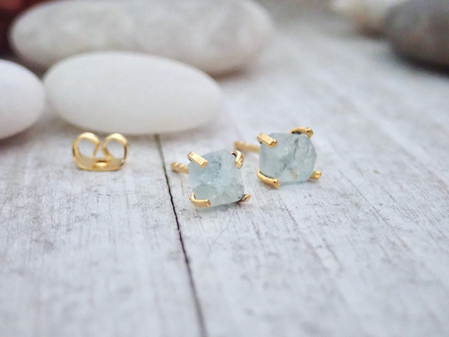 Dainty Raw Aquamarine Earrings – Prong Set in Solid 14k Gold