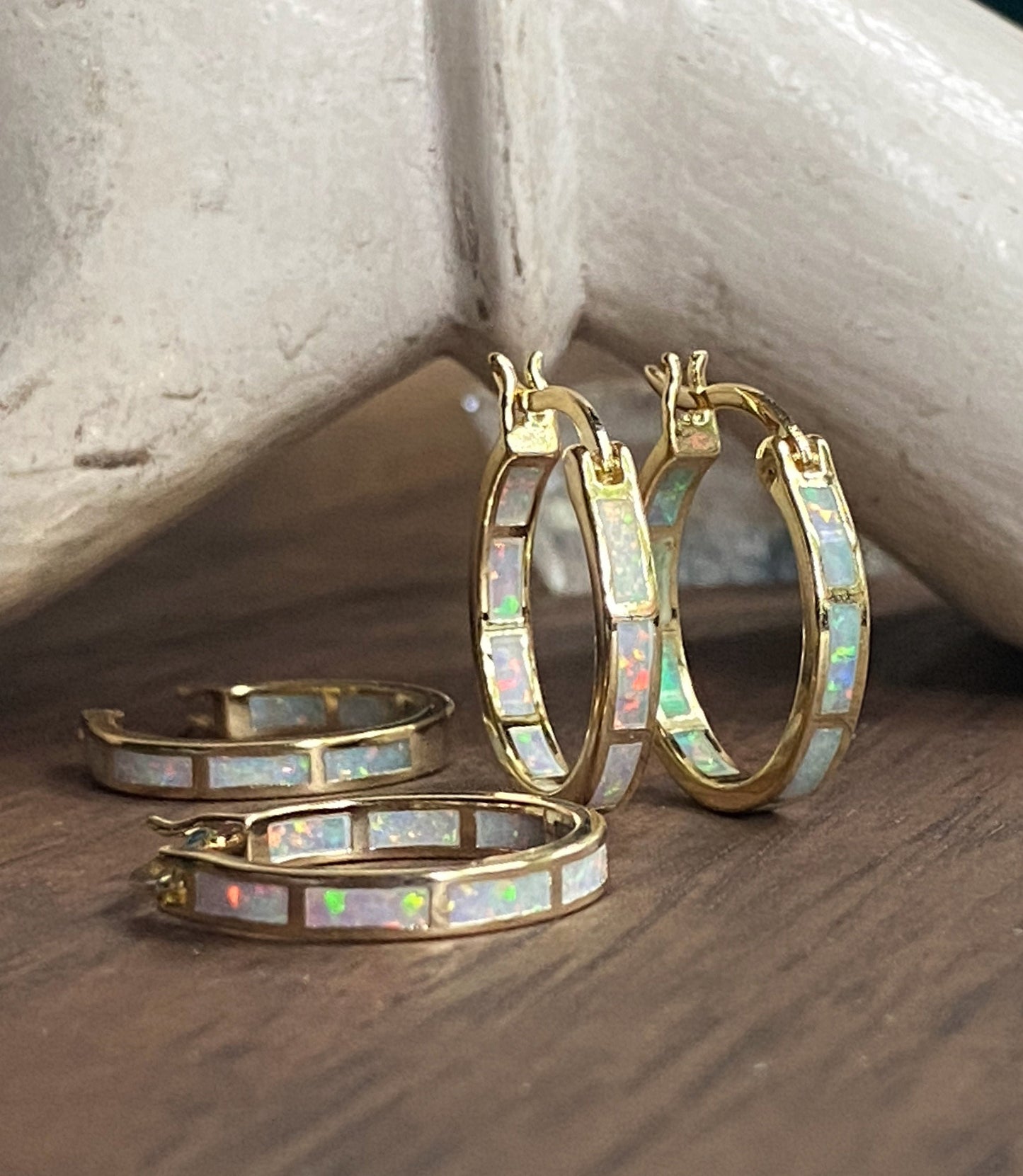 Luxury Opal Inlay Gold Hoop Earrings • 14K Gold Plated Medium Hoops • Elegant Birthstone Jewelry • Dainty October Gift • Fine Minimalist Earrings