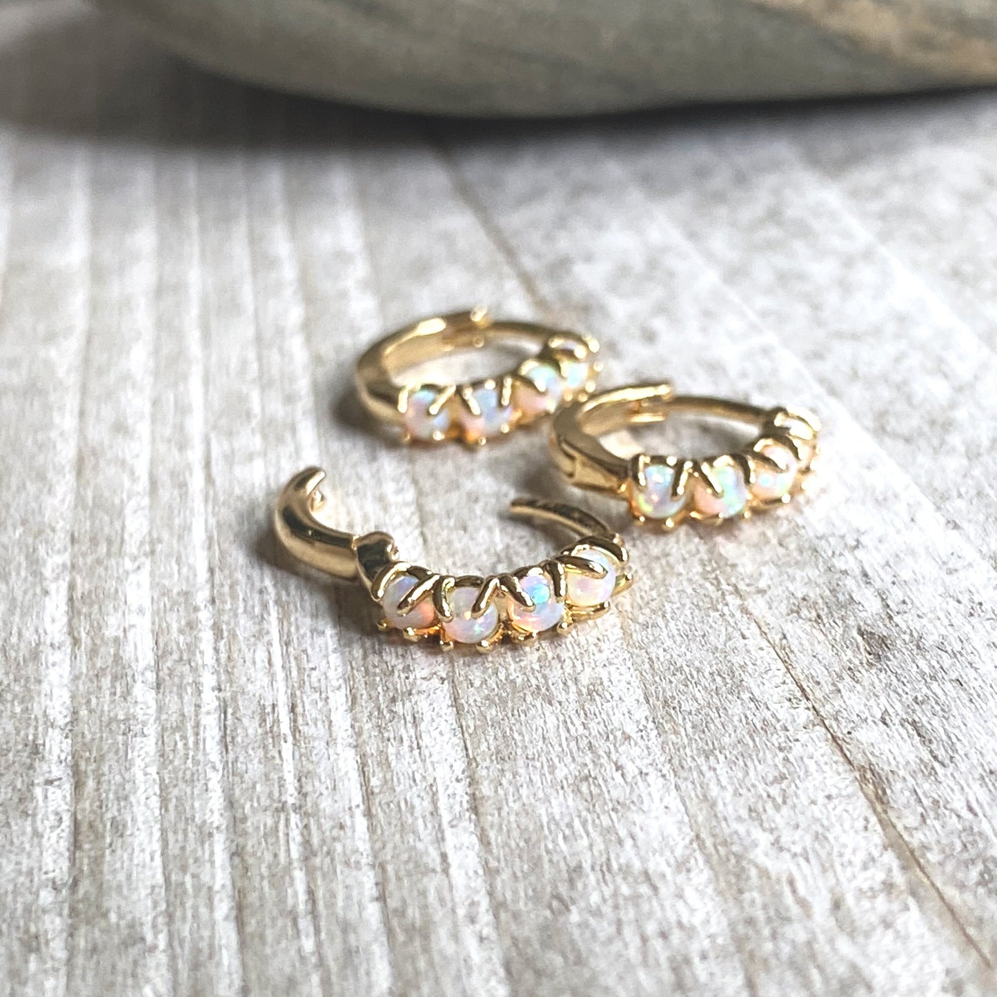 Tiny Opal Huggie Hoops – Stacking Earrings with Prong-Set Opals in Gold Fill, Boho October Birthstone Jewelry