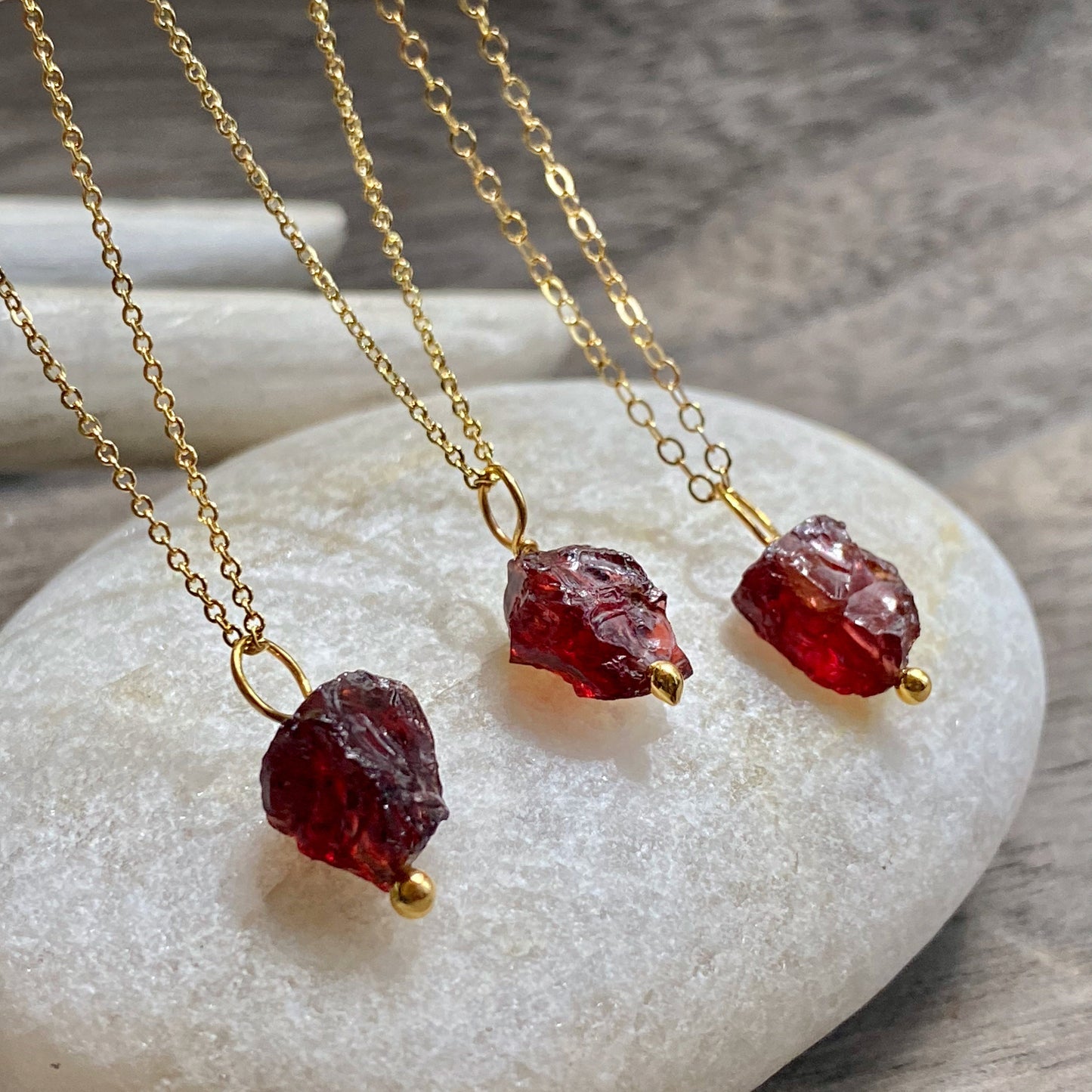 Dainty Raw Garnet Waterproof Necklace in 18k Gold | January Birthstone Jewelry Gift, Natural Gemstone Pendant with Paperclip or Figaro Chain
