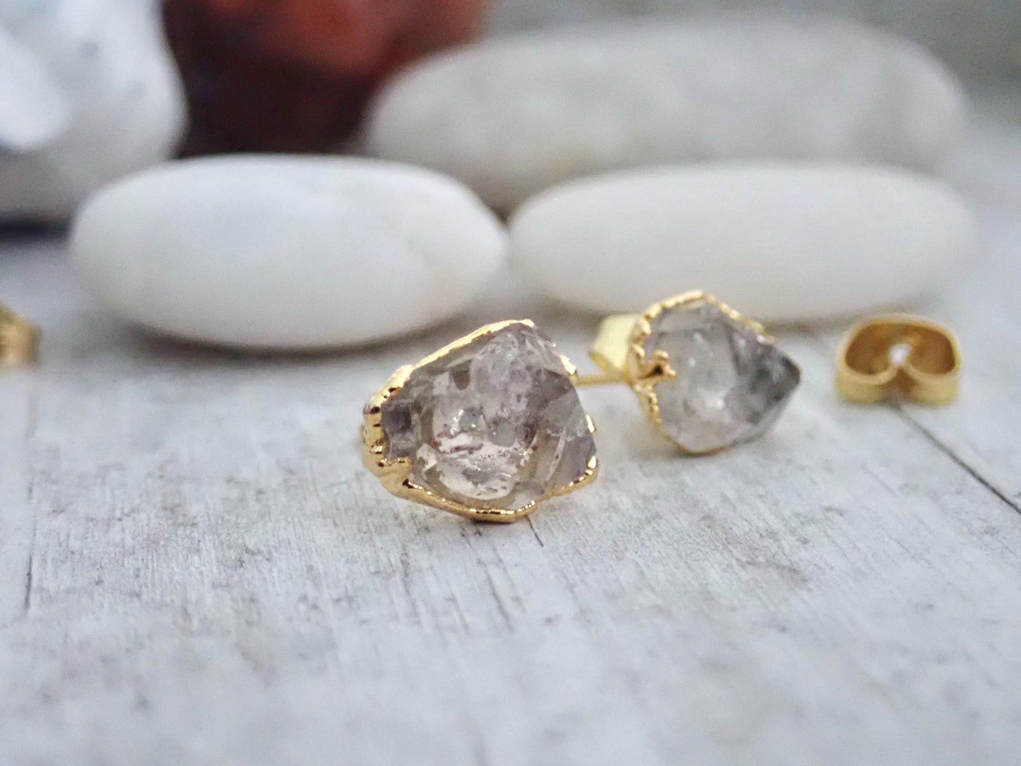 Raw Herkimer Diamond Stud Earrings, Birthstone Jewelry Gift, Herkimer Diamond Posts, Natural Crystal  Gemstone Earrings,Diamond Jewelry