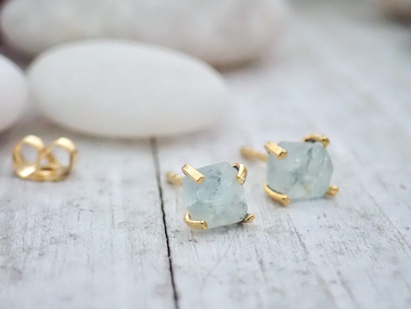 Dainty Raw Aquamarine Earrings – Prong Set in Solid 14k Gold