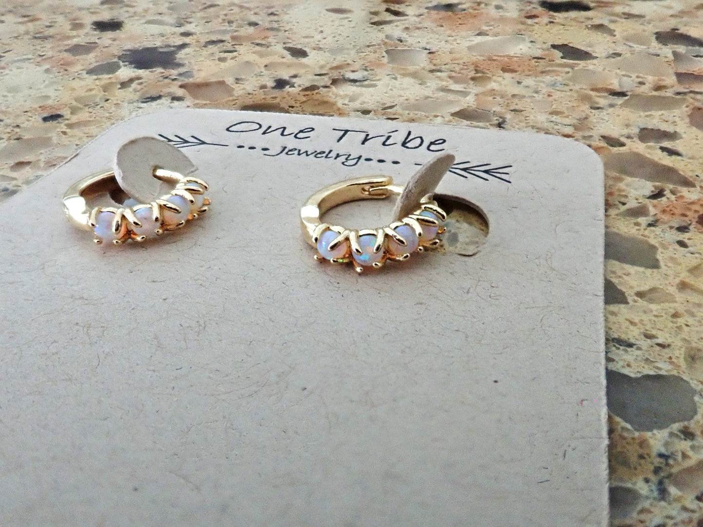 Tiny Opal Huggie Hoops – Stacking Earrings with Prong-Set Opals in Gold Fill, Boho October Birthstone Jewelry