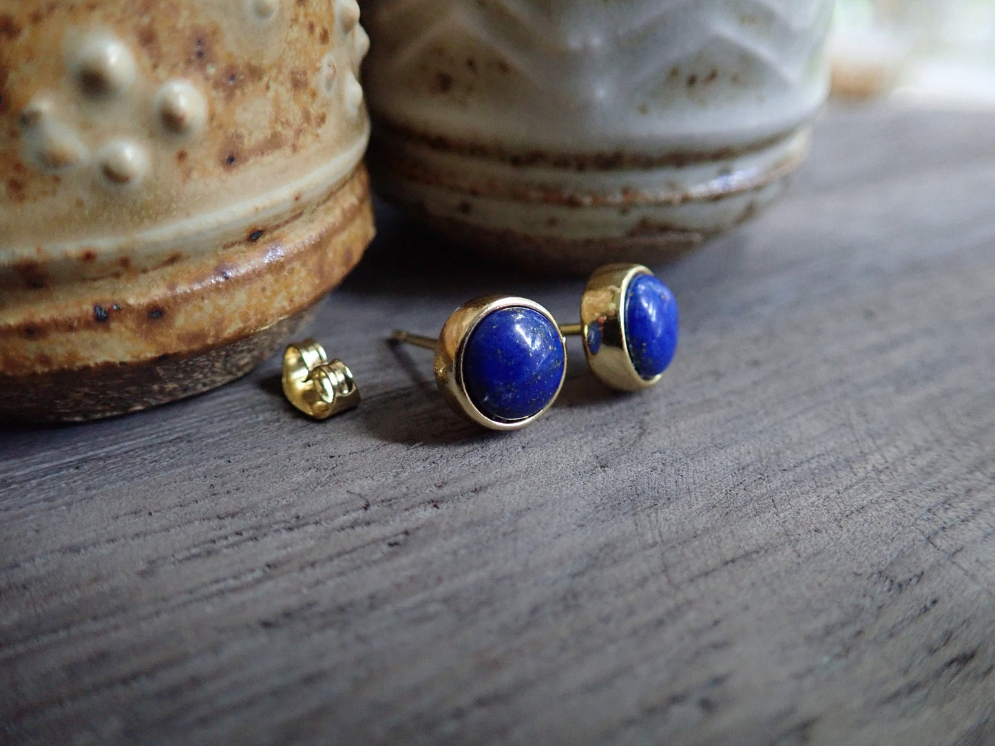 Deep Blue Lapis Stud Earrings – Classic 14k Gold Plated Bezel Design - September Birthstone
