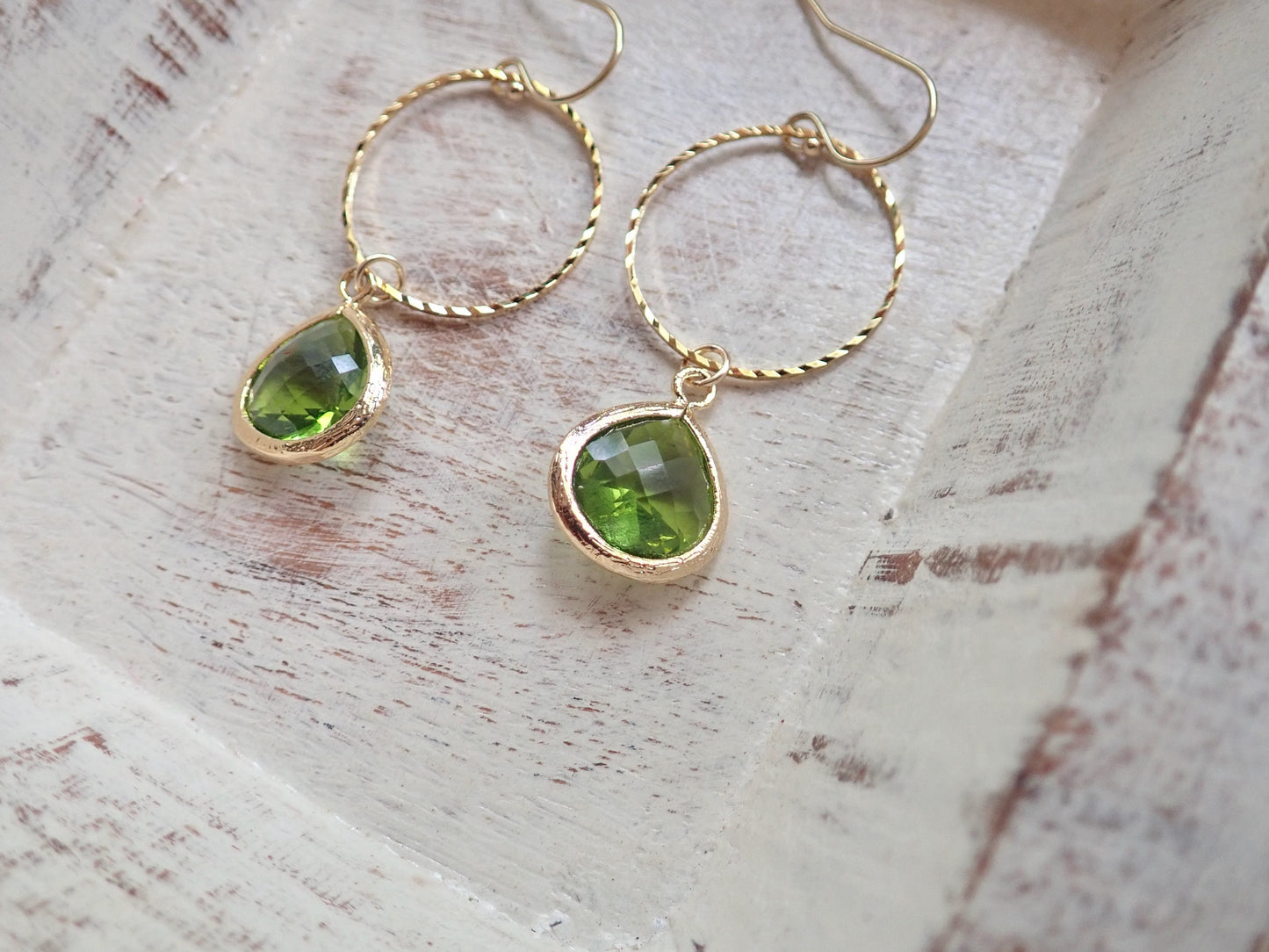 Peridot Crystal Drop Hoop Earrings, Green Crystal Dangle Earrings, August Birthstone Earrings