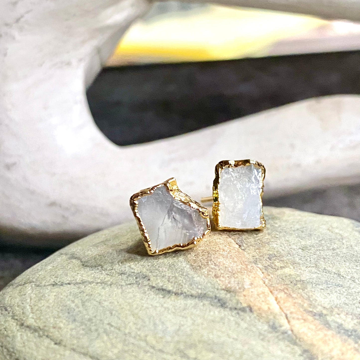 Natural Raw Gemstone Earrings – Moonstone 14k Gold Electroplated Studs