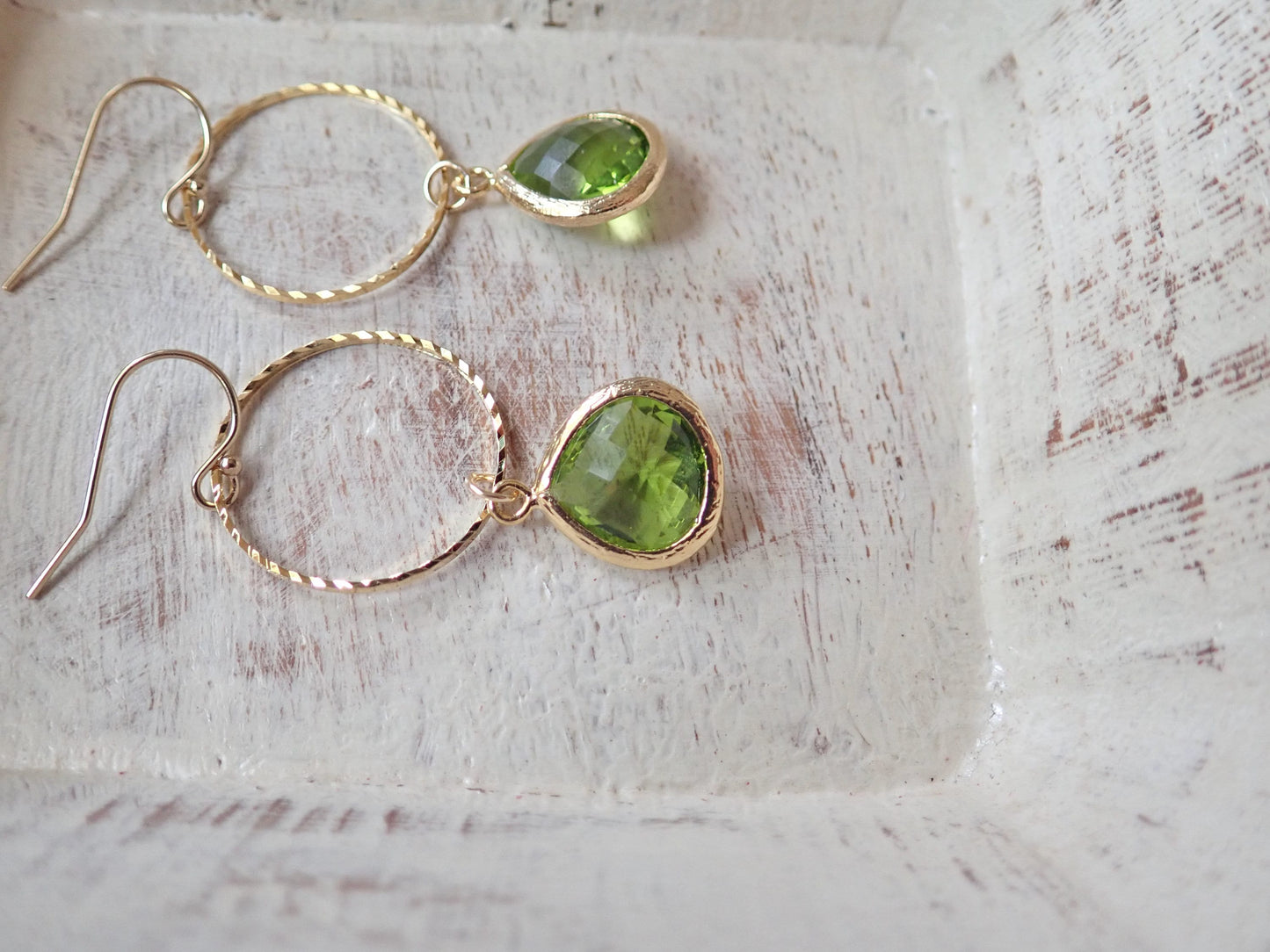 Peridot Crystal Drop Hoop Earrings, Green Crystal Dangle Earrings, August Birthstone Earrings