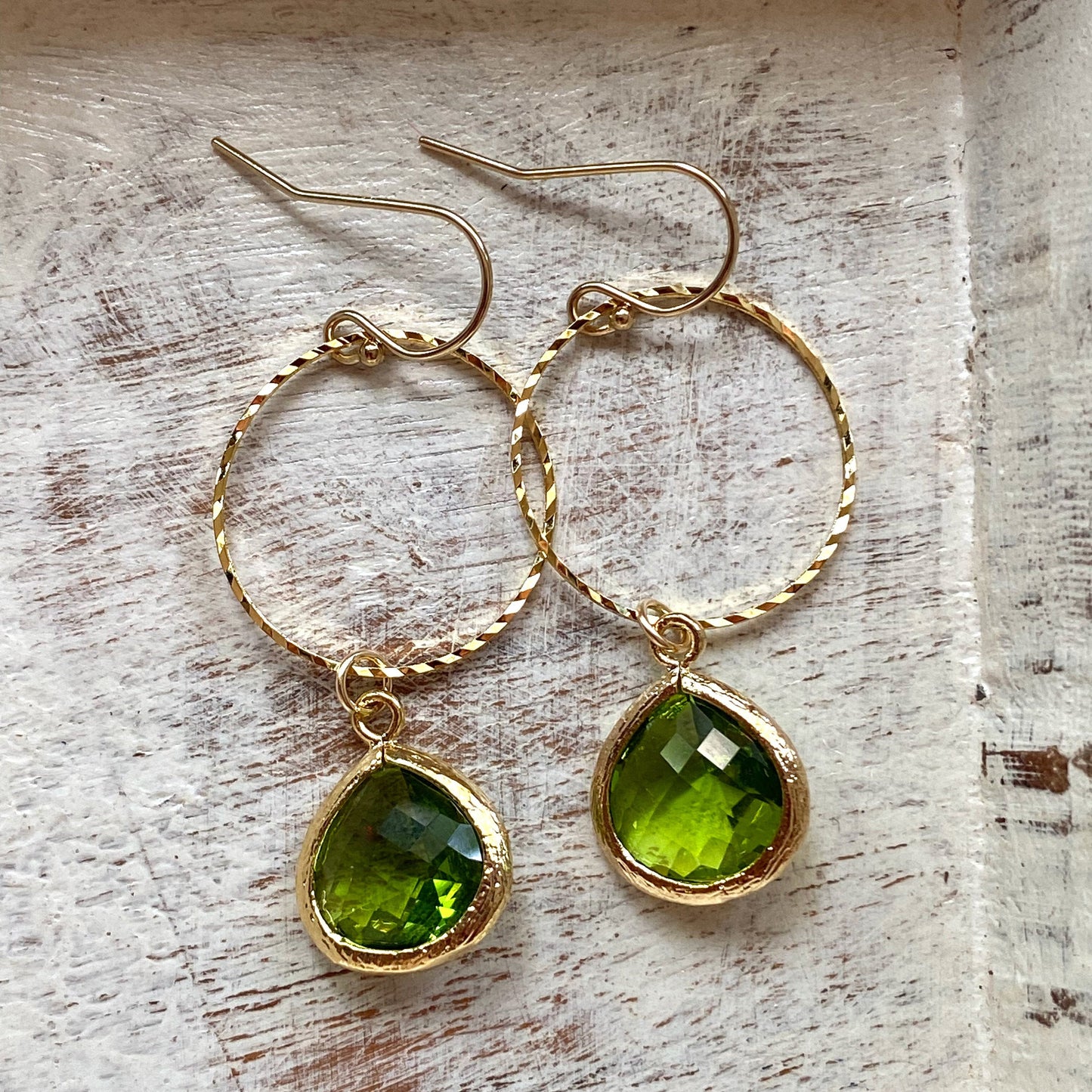 Peridot Crystal Drop Hoop Earrings, Green Crystal Dangle Earrings, August Birthstone Earrings