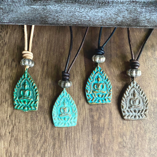 Men’s Buddha Necklace – Bronze Seated Buddha on Natural Leather Cord