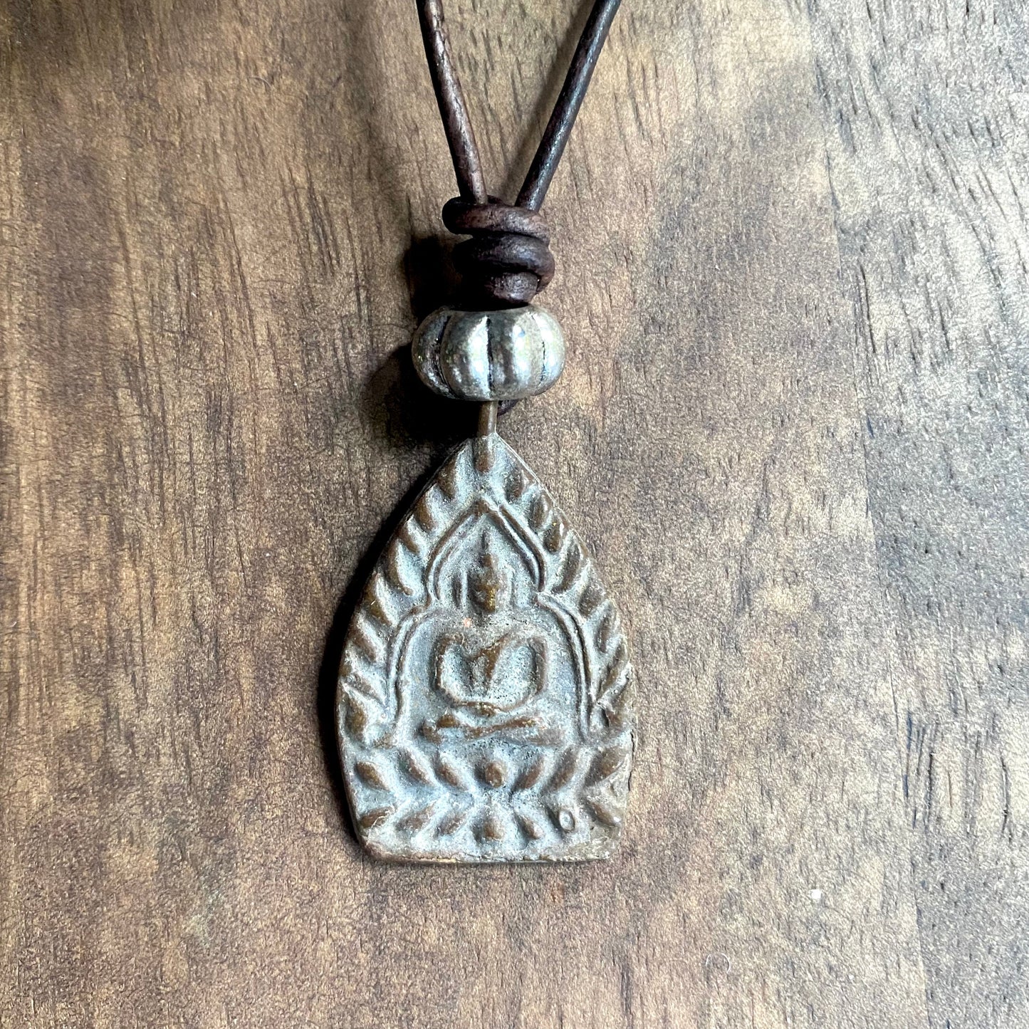 Men’s Buddha Necklace – Bronze Seated Buddha on Natural Leather Cord