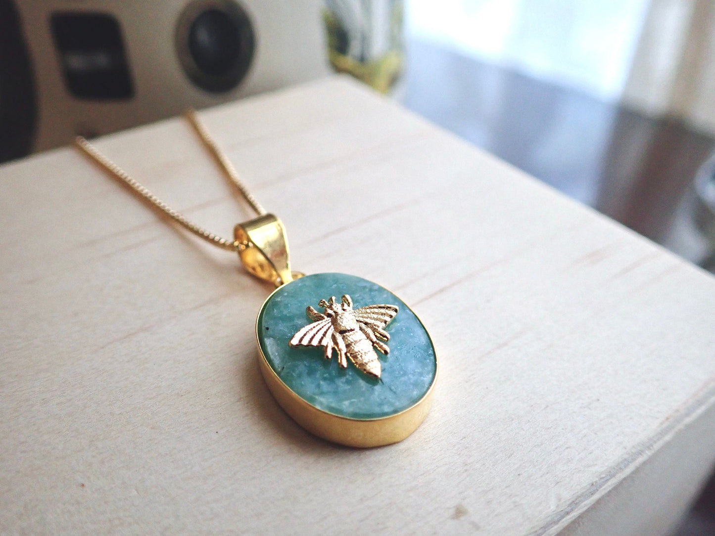 Amazonite Bee Pendant Necklace ,Handmade Jewelry Gift for Her, Gold Fill