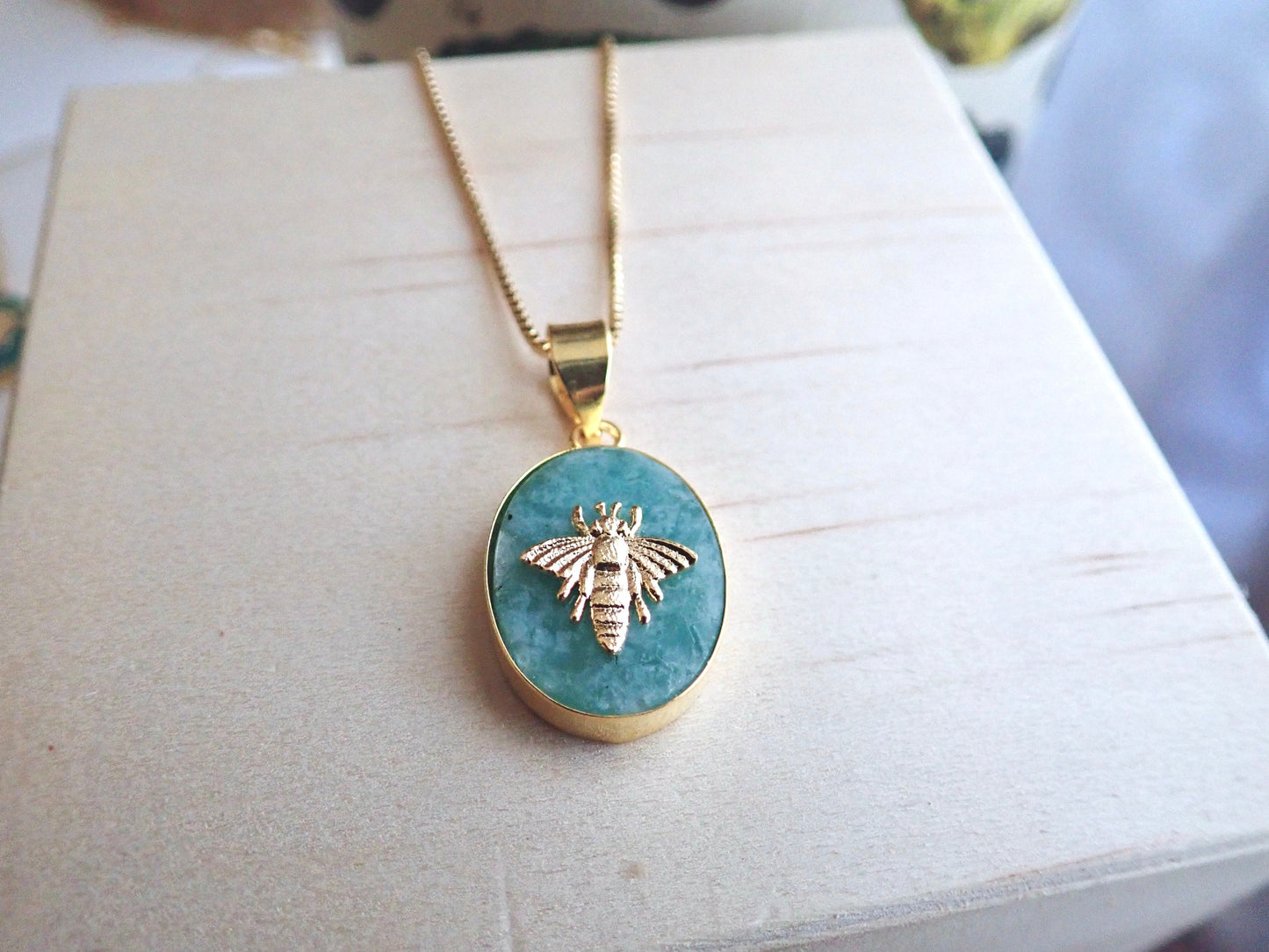 Amazonite Bee Pendant Necklace ,Handmade Jewelry Gift for Her, Gold Fill