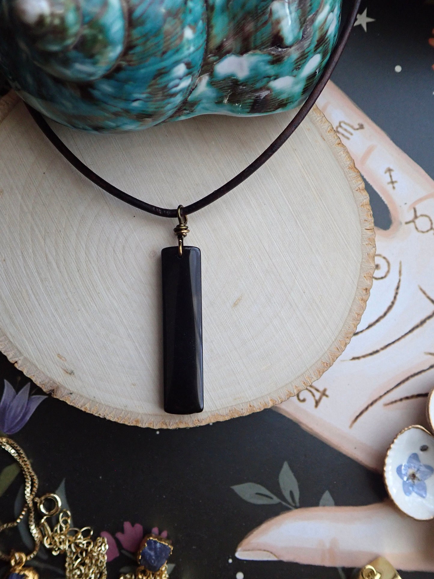Men's Leather Stone Necklace,Obsidian Necklace Men,Leather Necklace for Men,Black Stone Pendant,Man Necklace Rectangle Stone,Mens Jewelry