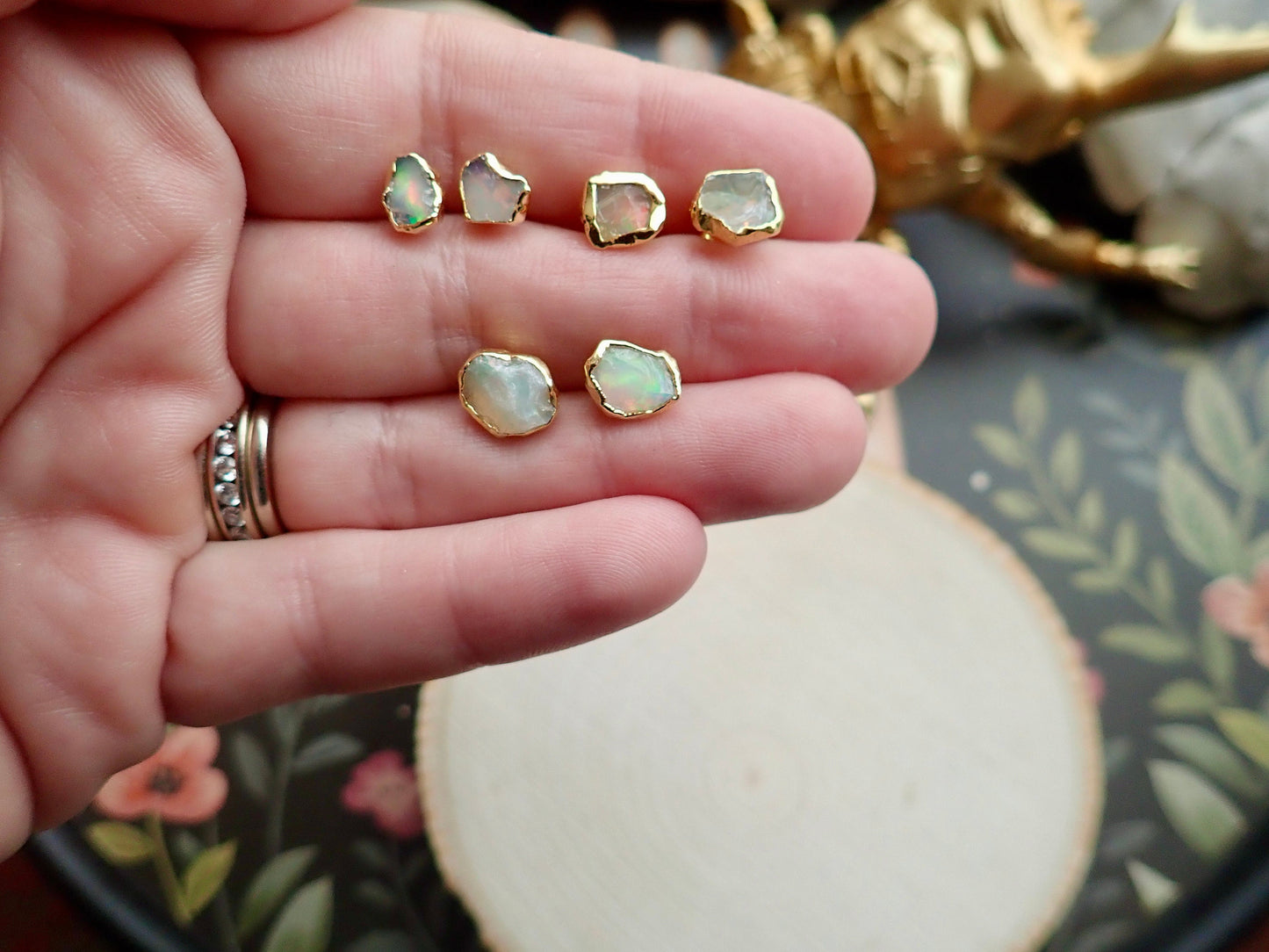 Raw Fire Opal Stud Earrings – 14k Gold Electroplated Sterling Silver – Genuine October Birthstone – Hypoallergenic Gold Posts – Handmade Gift for Her