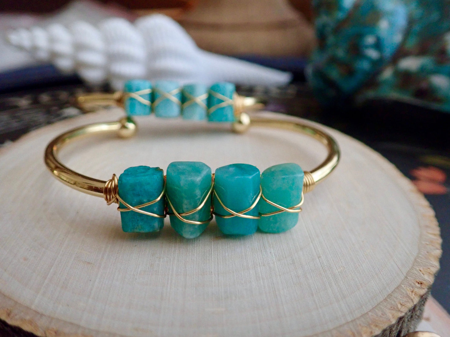 Raw Amazonite Cuff Bracelet – Gold- Wire Wrapped Gemstone Bangle, Adjustable Turquoise Blue Stacking Bracelet