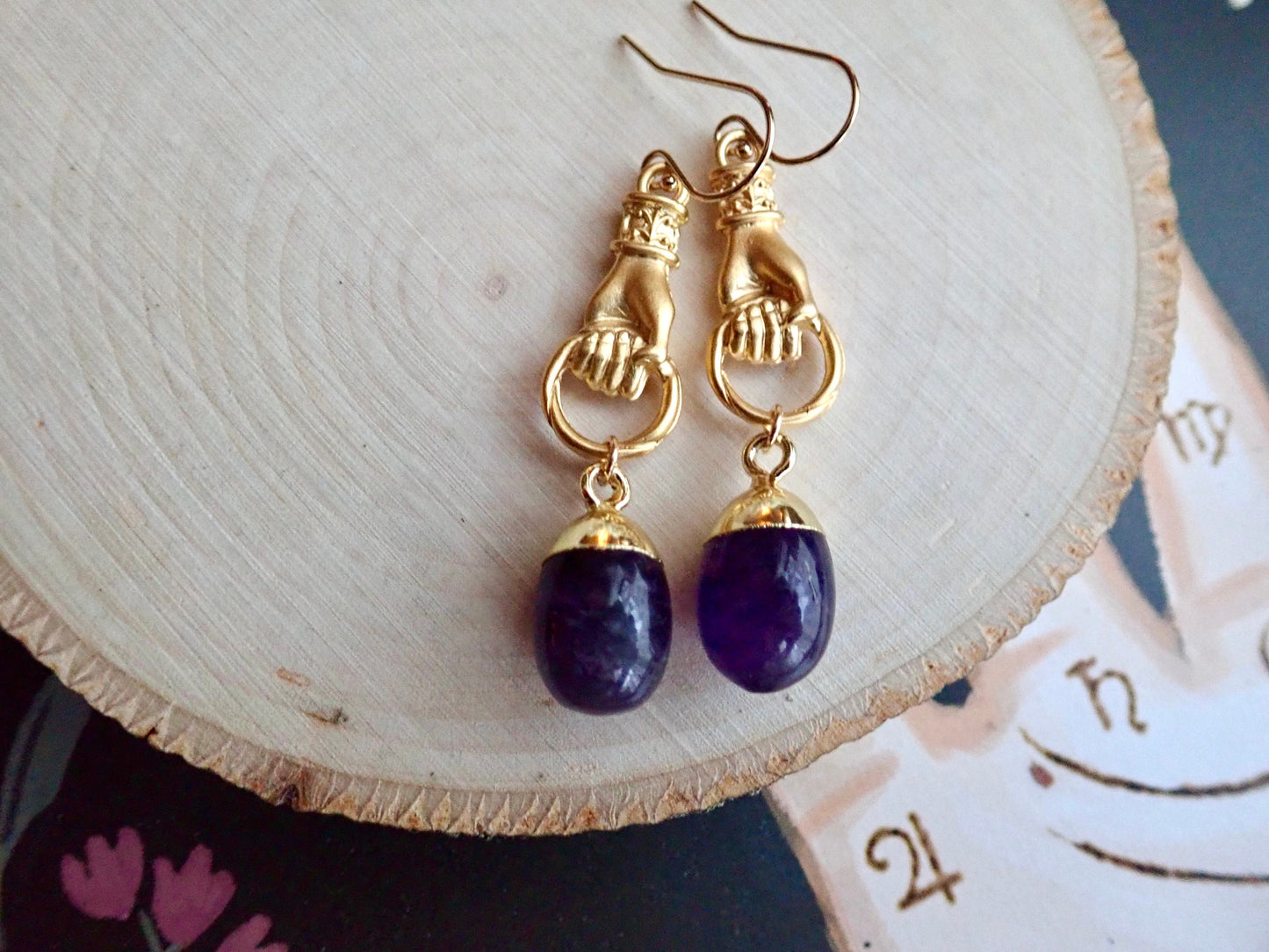 Gold Vermeil Victorian Hand Dangle Earrings with Amethyst Drop – Gemstone Talisman Jewelry