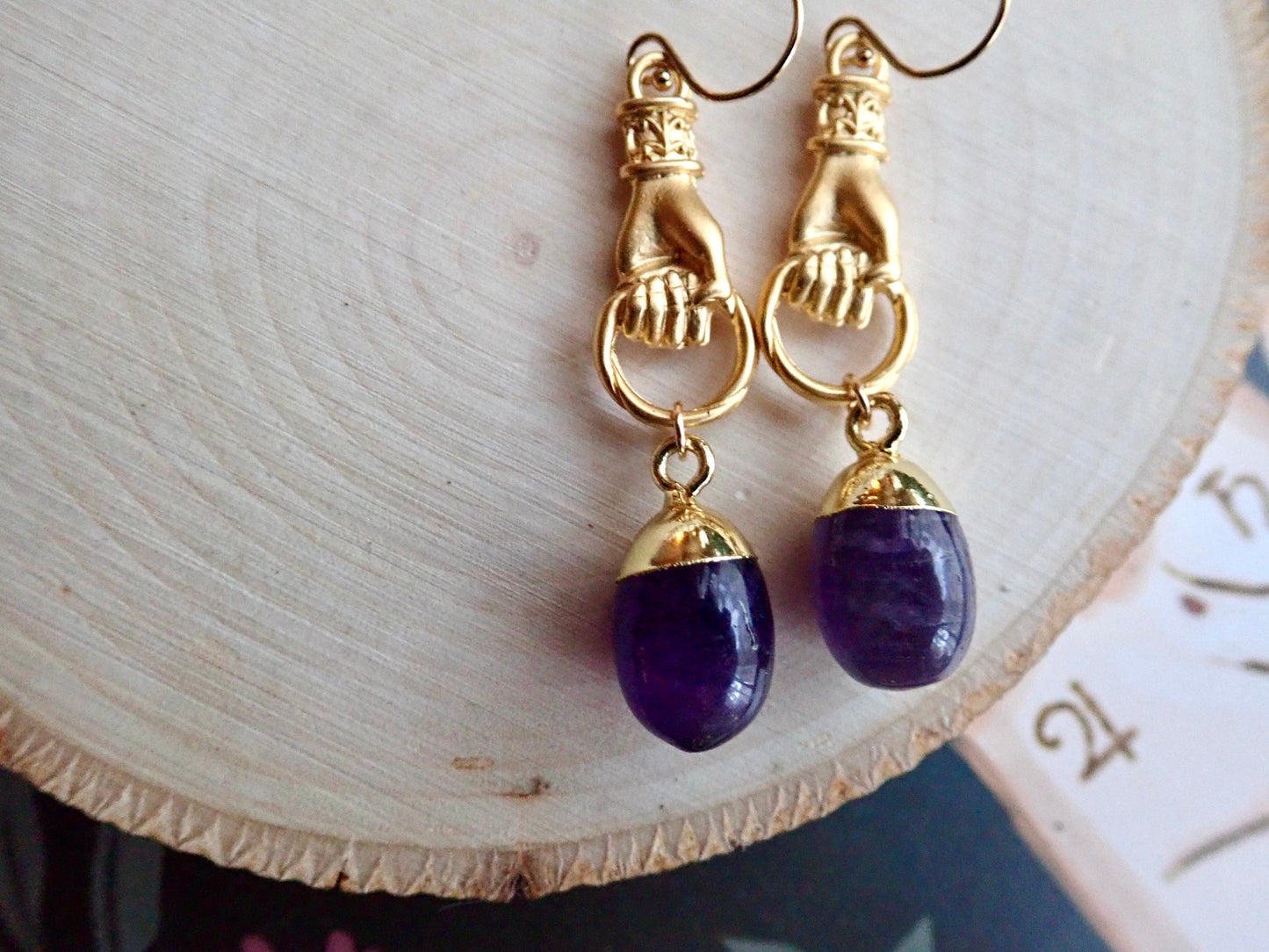 Gold Vermeil Victorian Hand Dangle Earrings with Amethyst Drop – Gemstone Talisman Jewelry