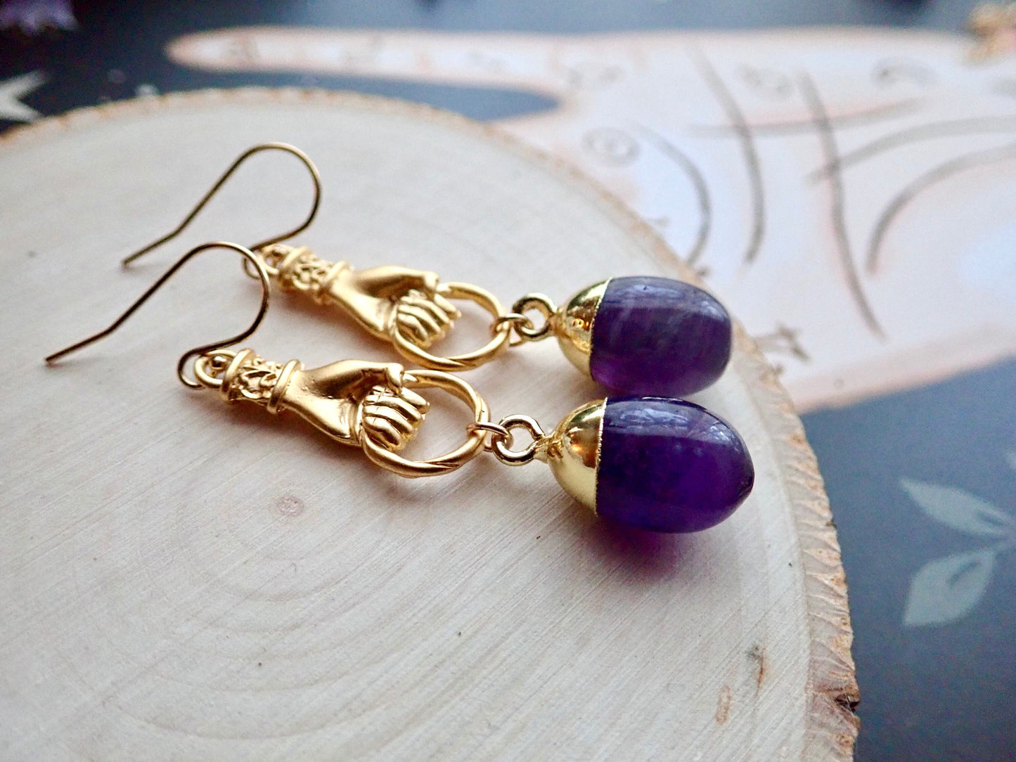 Gold Vermeil Victorian Hand Dangle Earrings with Amethyst Drop – Gemstone Talisman Jewelry