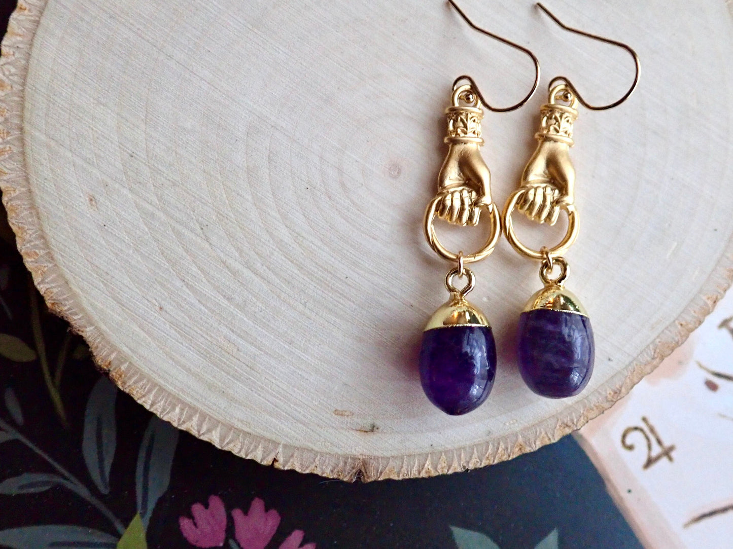 Gold Vermeil Victorian Hand Dangle Earrings with Amethyst Drop – Gemstone Talisman Jewelry
