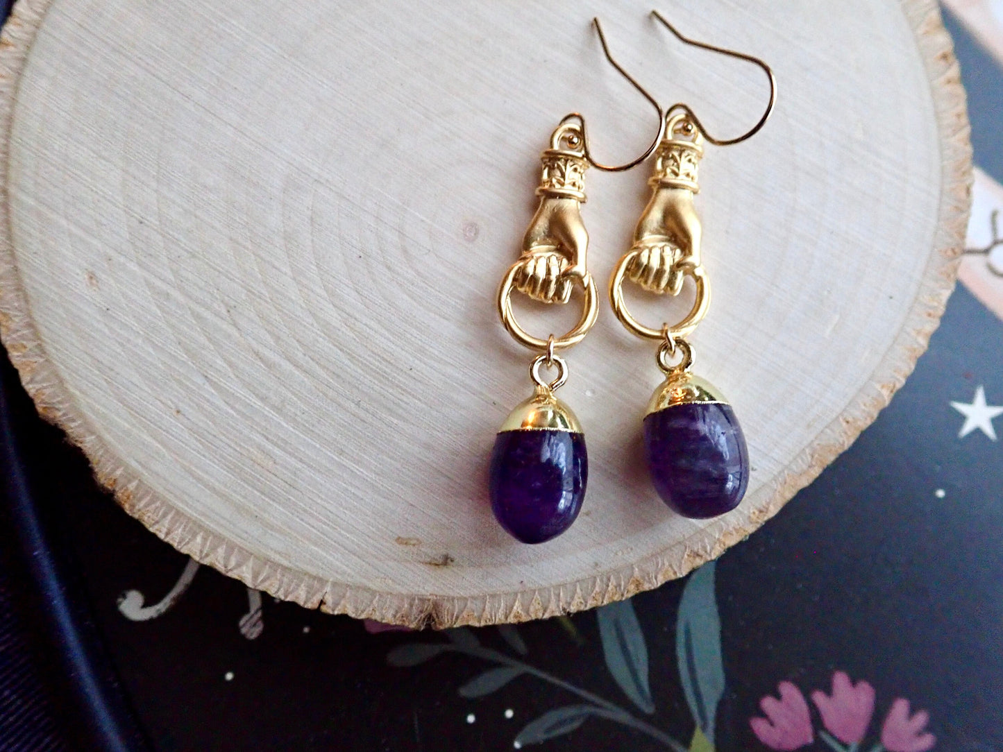 Gold Vermeil Victorian Hand Dangle Earrings with Amethyst Drop – Gemstone Talisman Jewelry