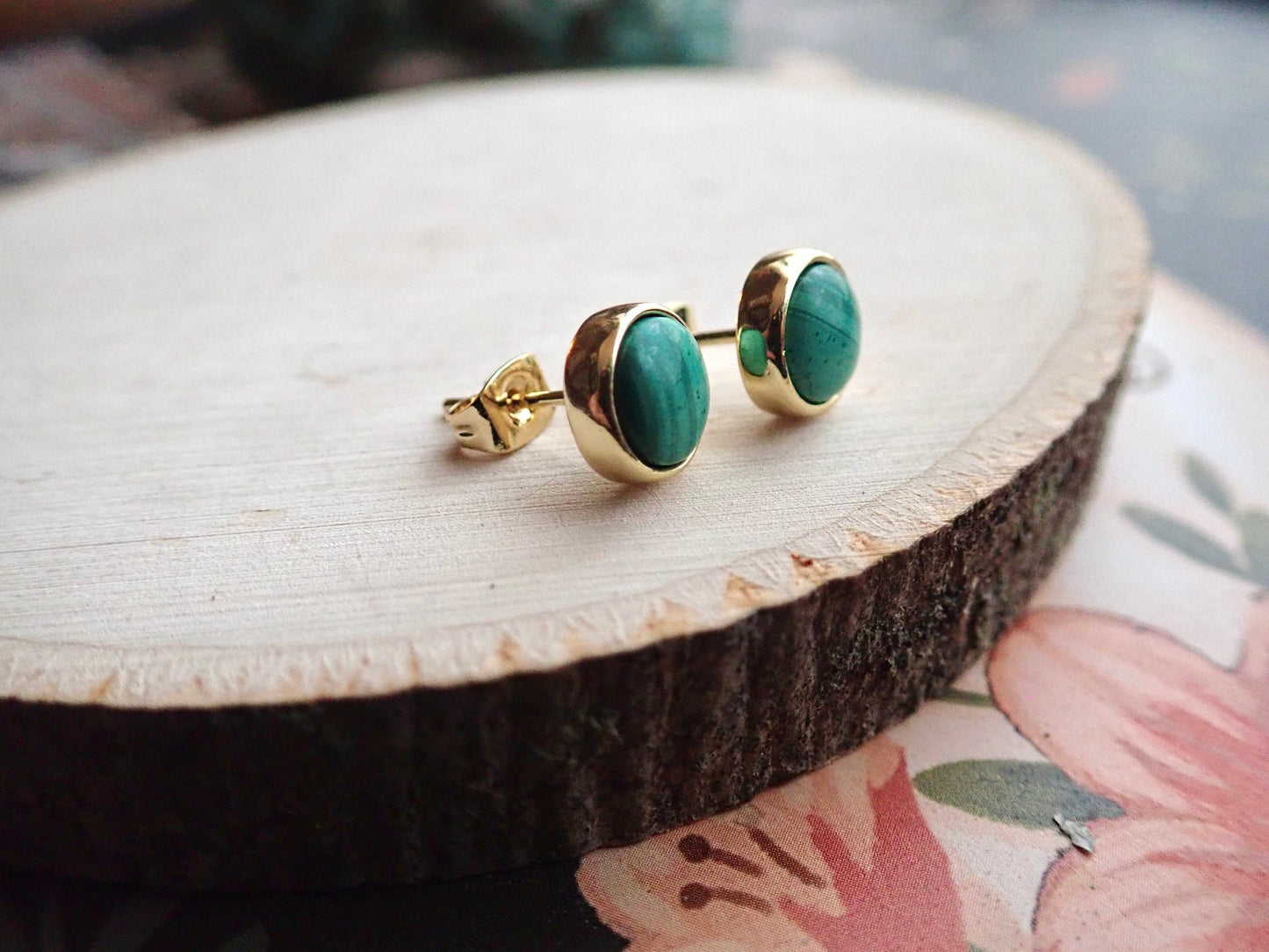 Genuine Malachite Stud Earrings – Fancy 14k Gold Bezel, Minimalist Gemstone Jewelry
