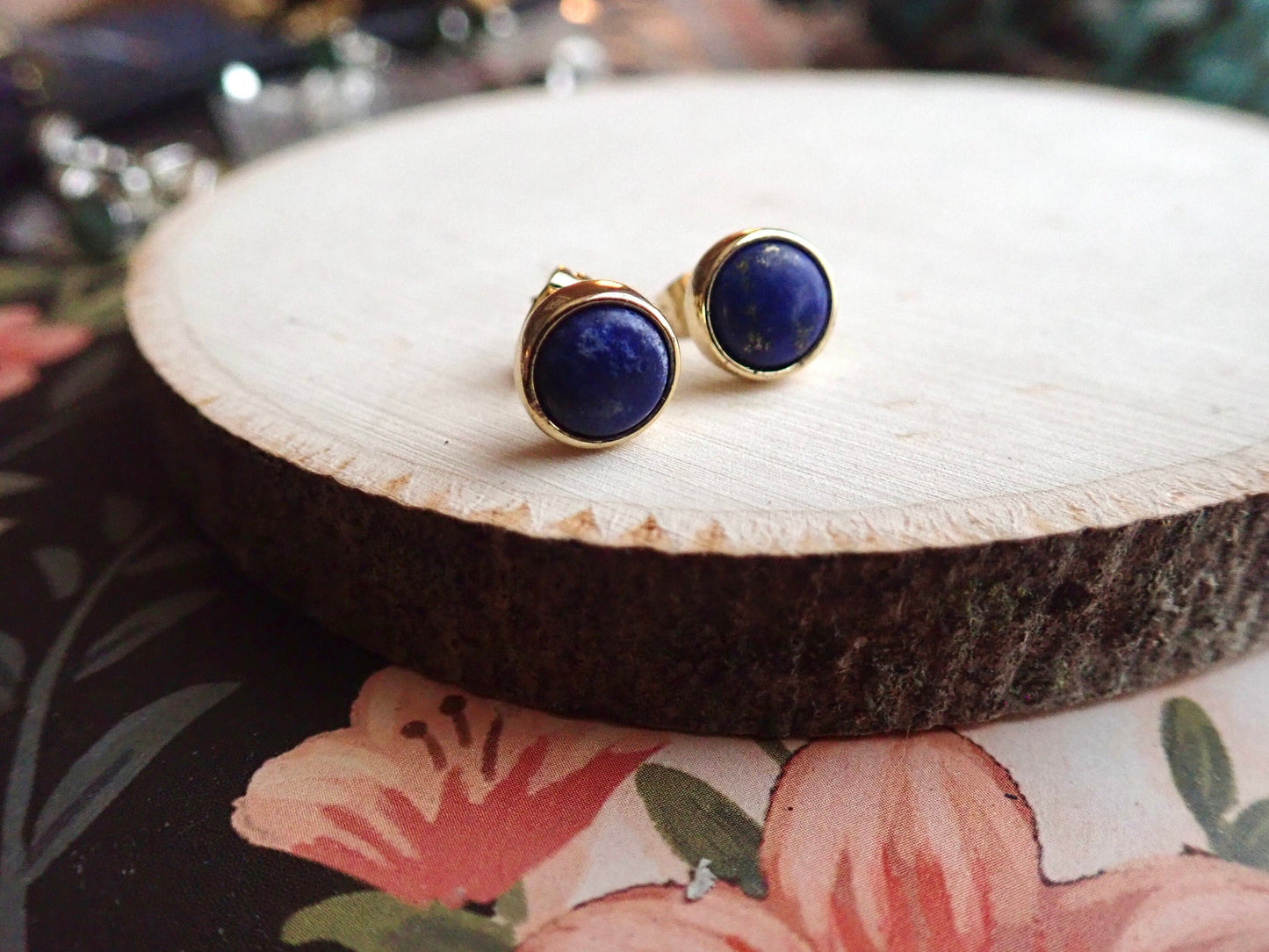 Deep Blue Lapis Stud Earrings – Classic 14k Gold Plated Bezel Design - September Birthstone