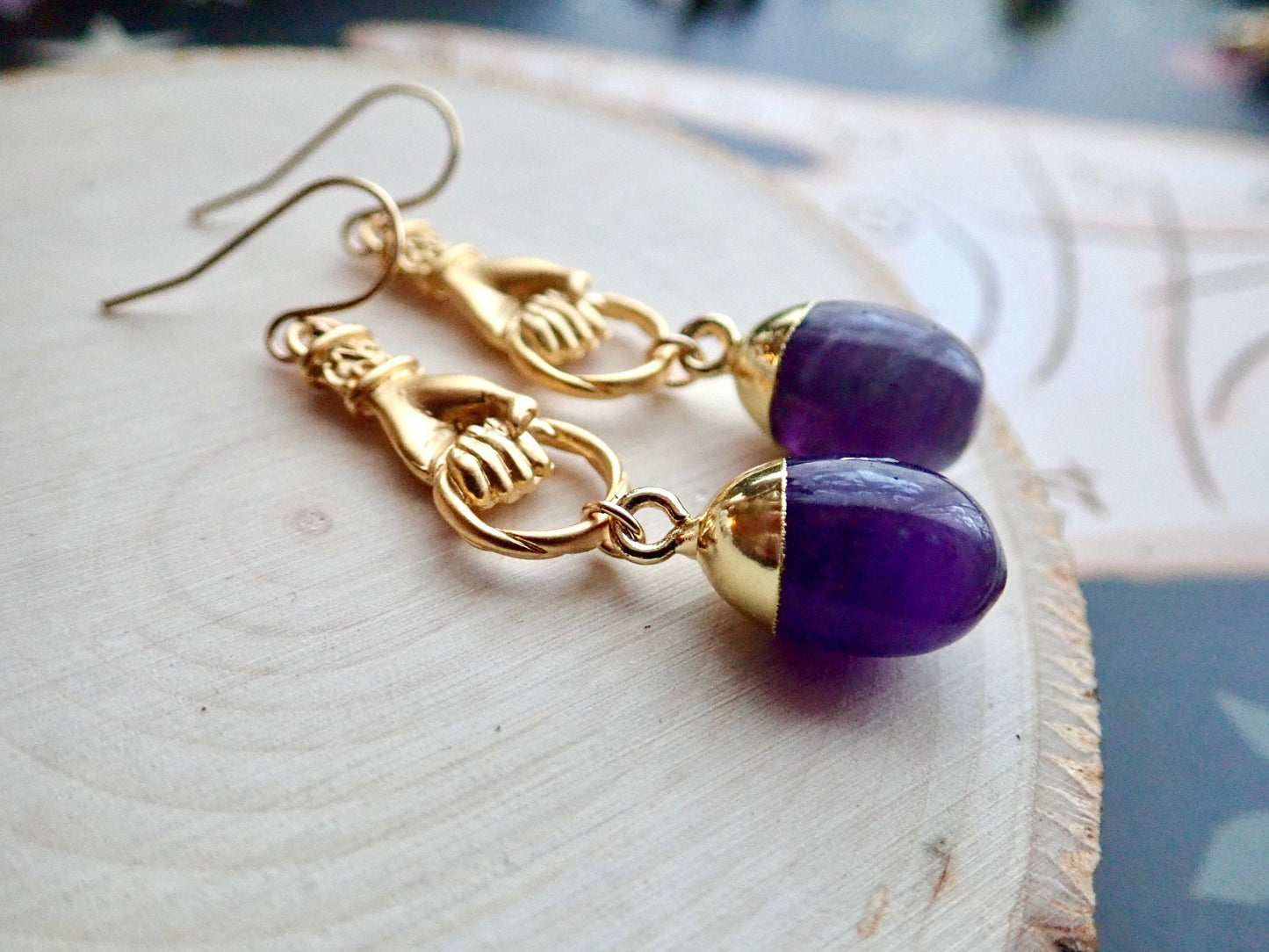 Gold Vermeil Victorian Hand Dangle Earrings with Amethyst Drop – Gemstone Talisman Jewelry