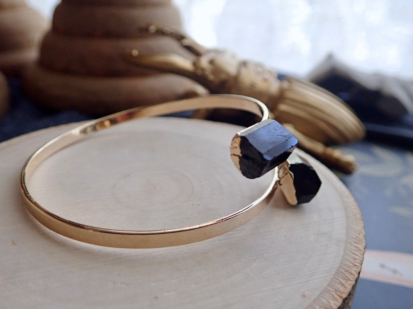 Black Tourmaline Bracelet,Gemstone Open Cuff Gold, Double Two Stone Bracelet, Tourmaline Jewelry,Adjustable Bracelet for Her,Handmade Gift
