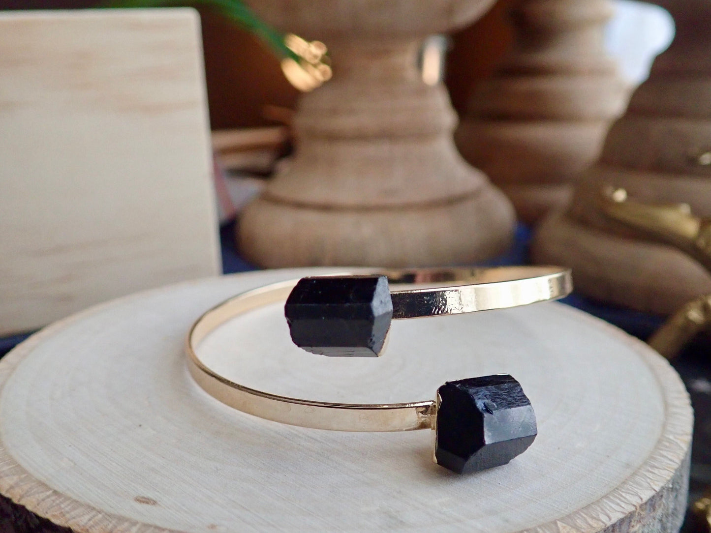 Black Tourmaline Bracelet,Gemstone Open Cuff Gold, Double Two Stone Bracelet, Tourmaline Jewelry,Adjustable Bracelet for Her,Handmade Gift