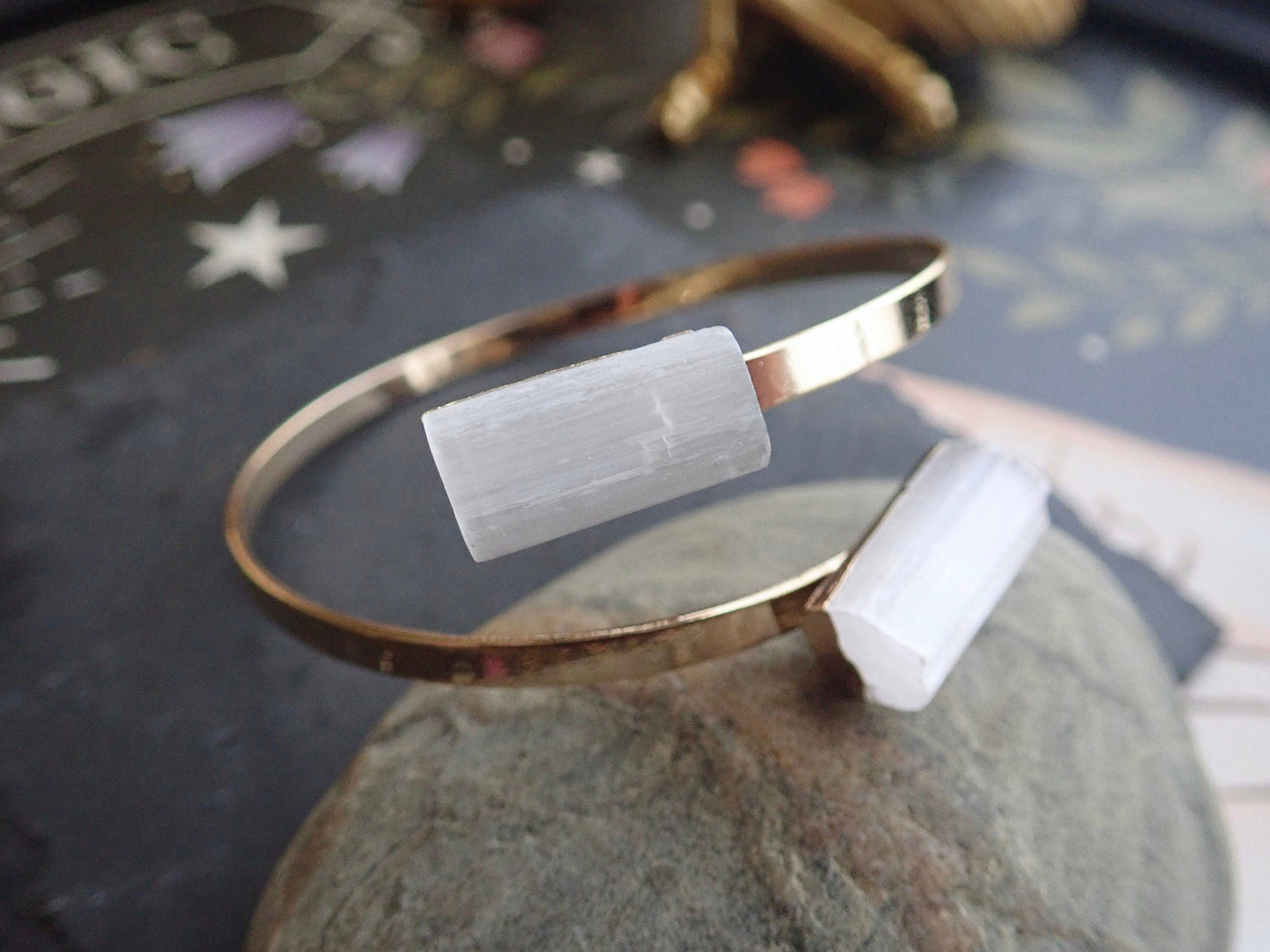Selenite Cuff Bracelet | Double Gemstone Wrap Bangle