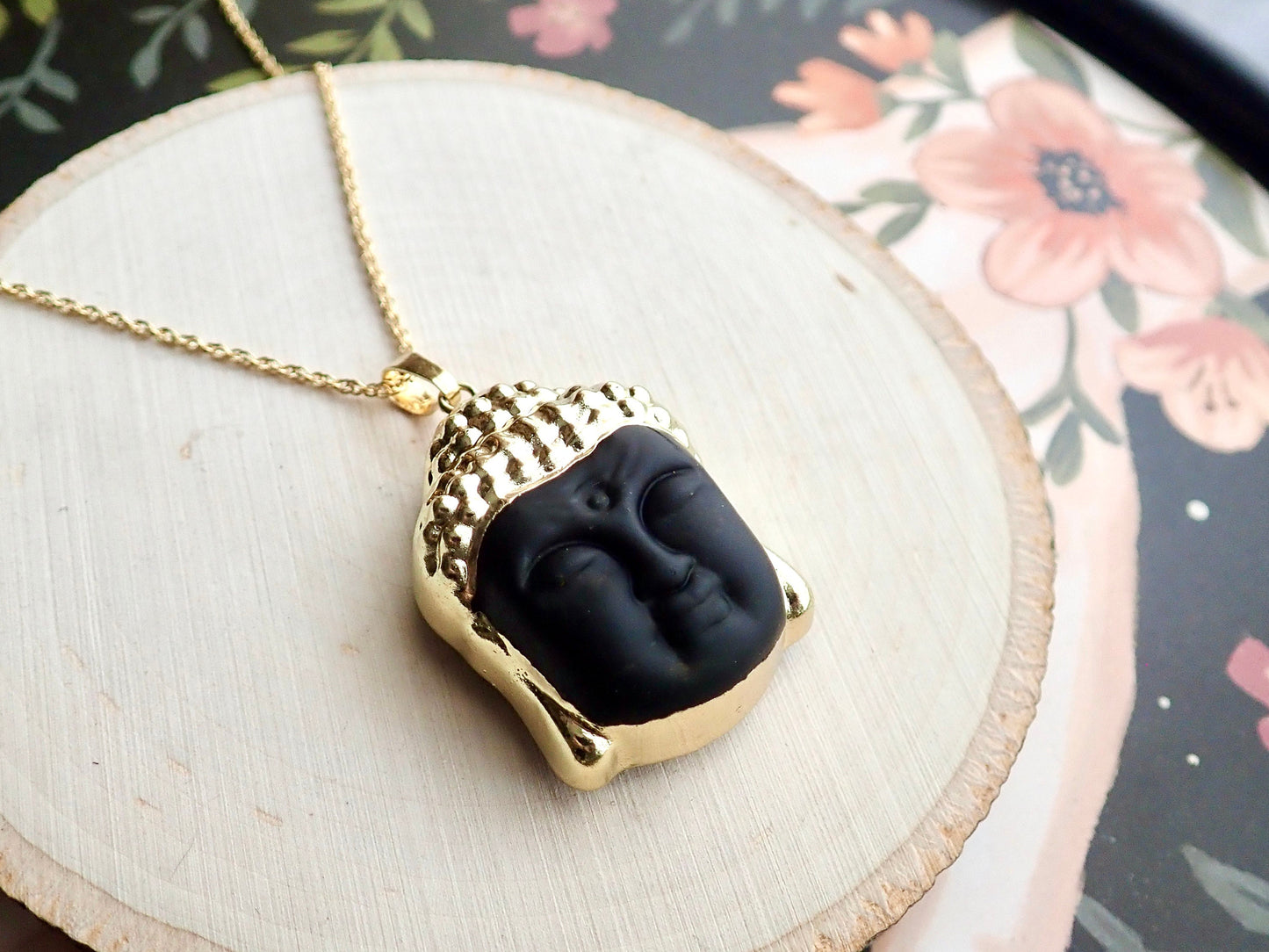 Buddha Head Pendant Necklace – 14k Gold Plated | Frosted or Matte Black Glass | 16" or 18" Gold Fill Chain