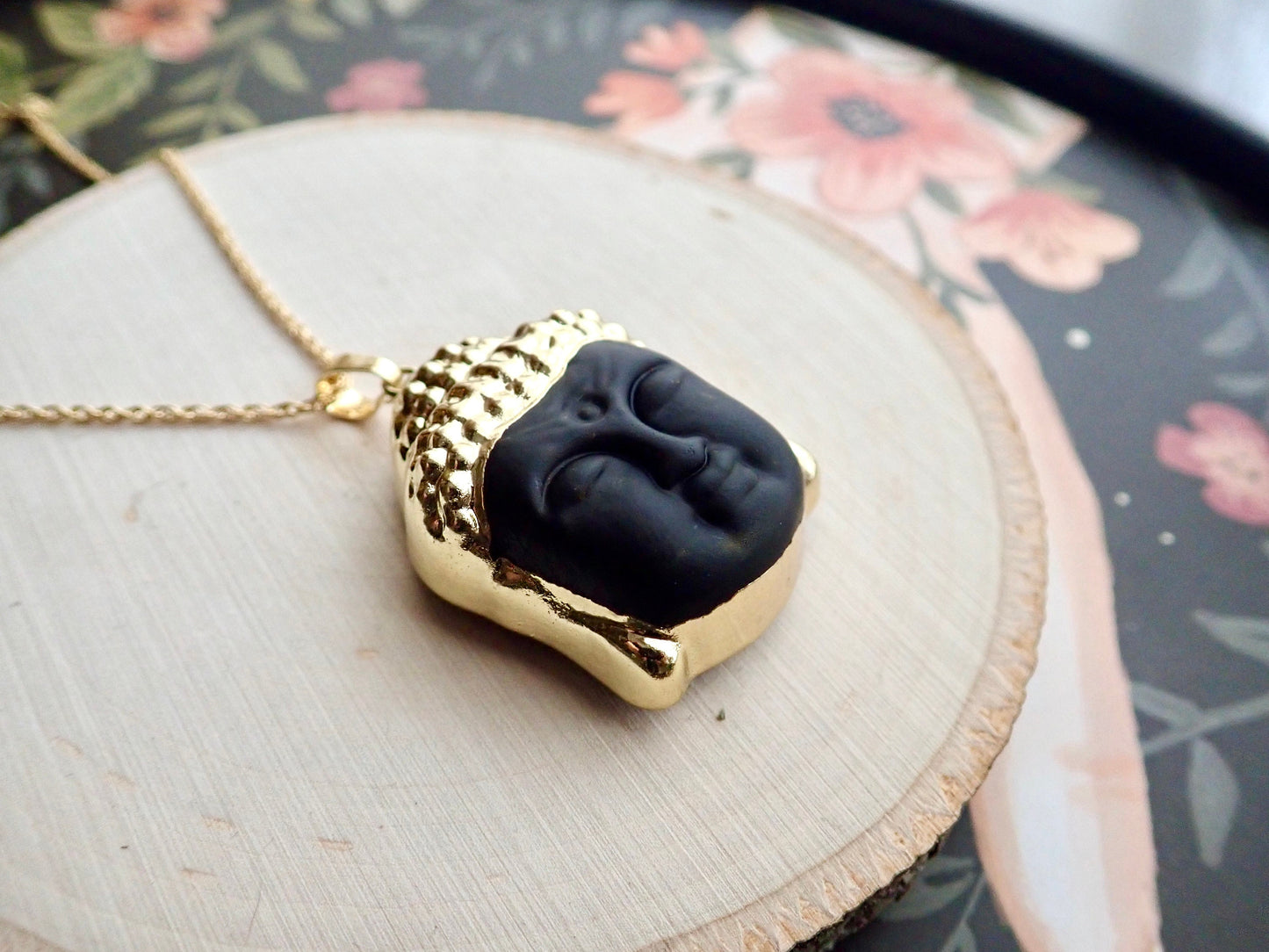 Buddha Head Pendant Necklace – 14k Gold Plated | Frosted or Matte Black Glass | 16" or 18" Gold Fill Chain