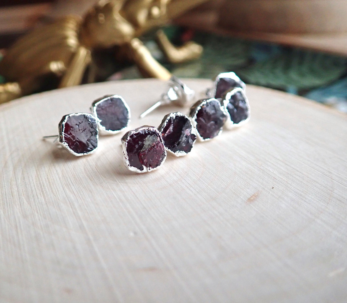 Organic Garnet Stud Earrings | Handcrafted Sterling Silver Studs - Hypo-Allergenic Earrings