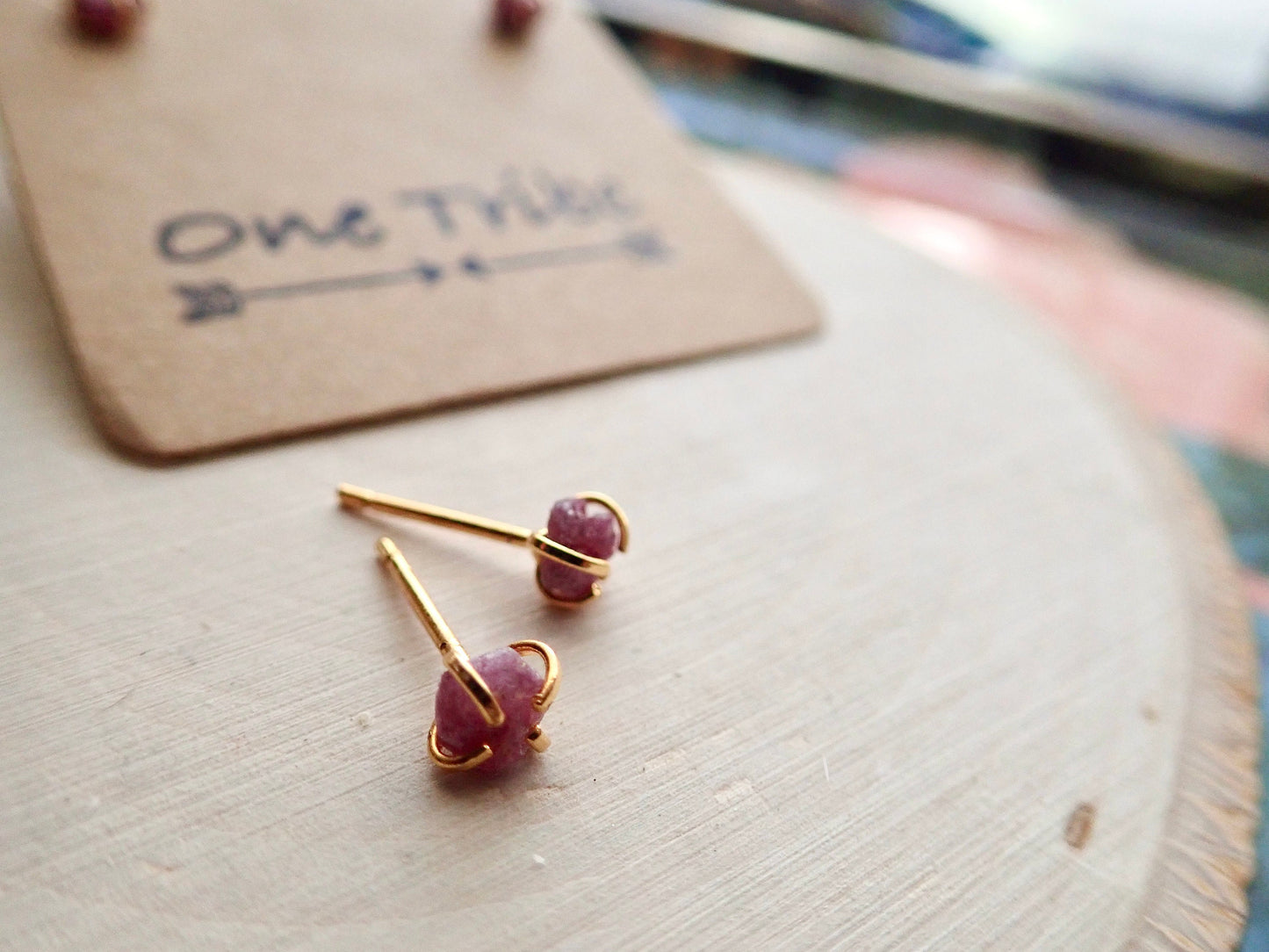 Tiny Raw Ruby Stud Earrings -14K Gold Plated - July Birthstone Earrings - Natural Gemstone Earrings