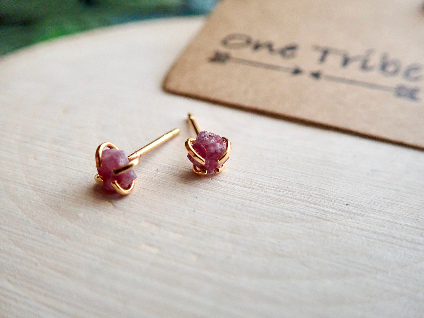 Tiny Raw Ruby Stud Earrings -14K Gold Plated - July Birthstone Earrings - Natural Gemstone Earrings