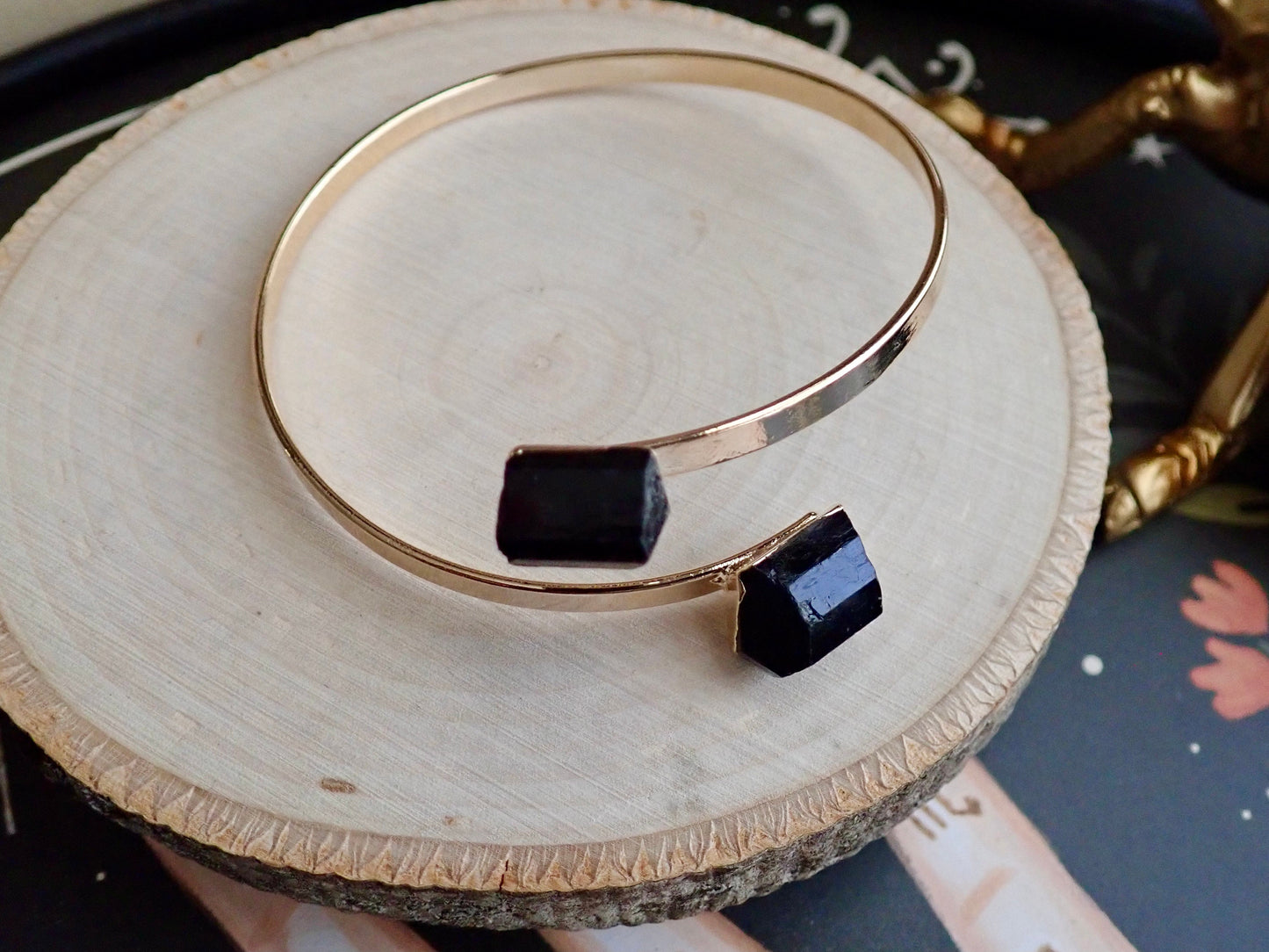 Black Tourmaline Bracelet,Gemstone Open Cuff Gold, Double Two Stone Bracelet, Tourmaline Jewelry,Adjustable Bracelet for Her,Handmade Gift