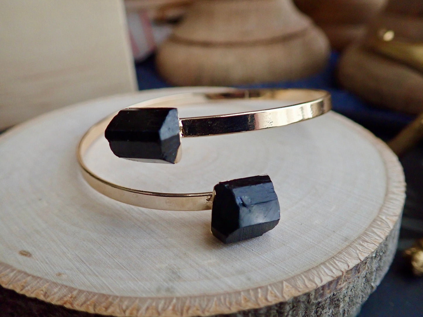 Black Tourmaline Bracelet,Gemstone Open Cuff Gold, Double Two Stone Bracelet, Tourmaline Jewelry,Adjustable Bracelet for Her,Handmade Gift