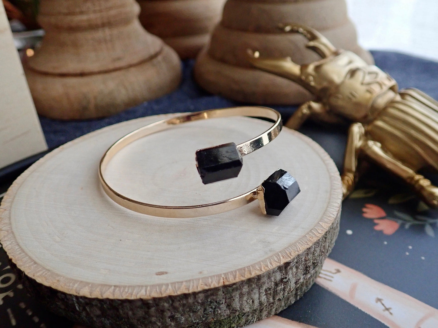 Black Tourmaline Bracelet,Gemstone Open Cuff Gold, Double Two Stone Bracelet, Tourmaline Jewelry,Adjustable Bracelet for Her,Handmade Gift