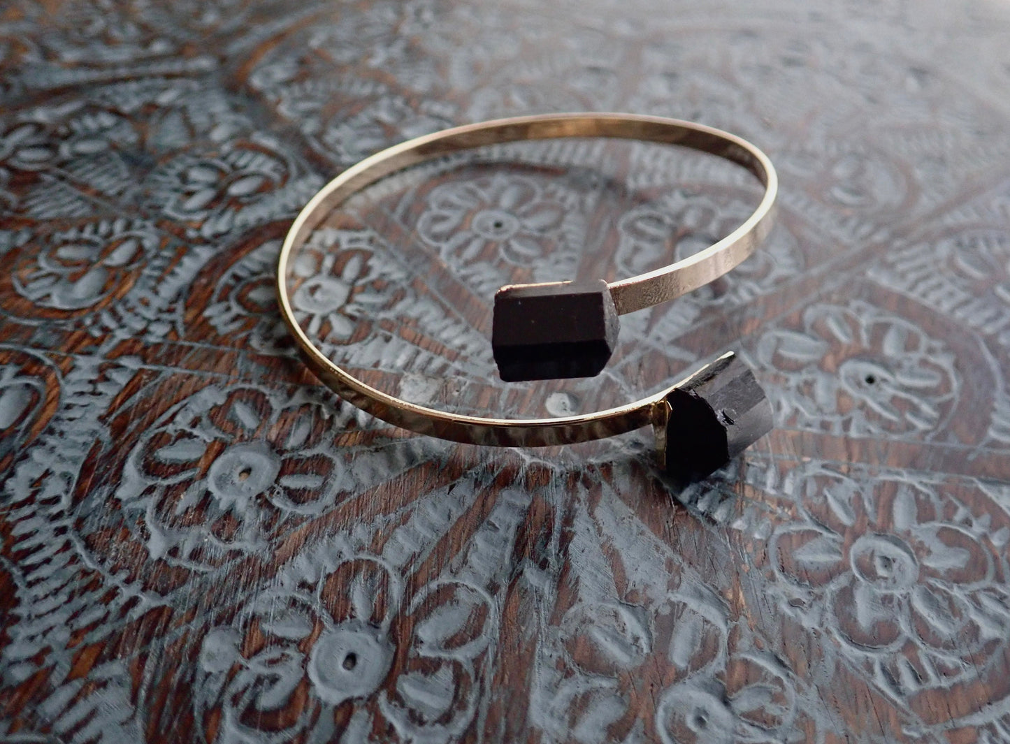 Black Tourmaline Bracelet,Gemstone Open Cuff Gold, Double Two Stone Bracelet, Tourmaline Jewelry,Adjustable Bracelet for Her,Handmade Gift