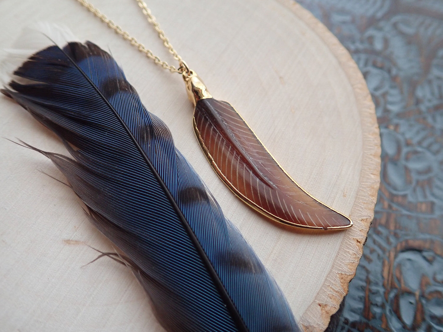 Hand Carved Feather Pendant – Gold Filled Chain, Tribal Boho Vibes