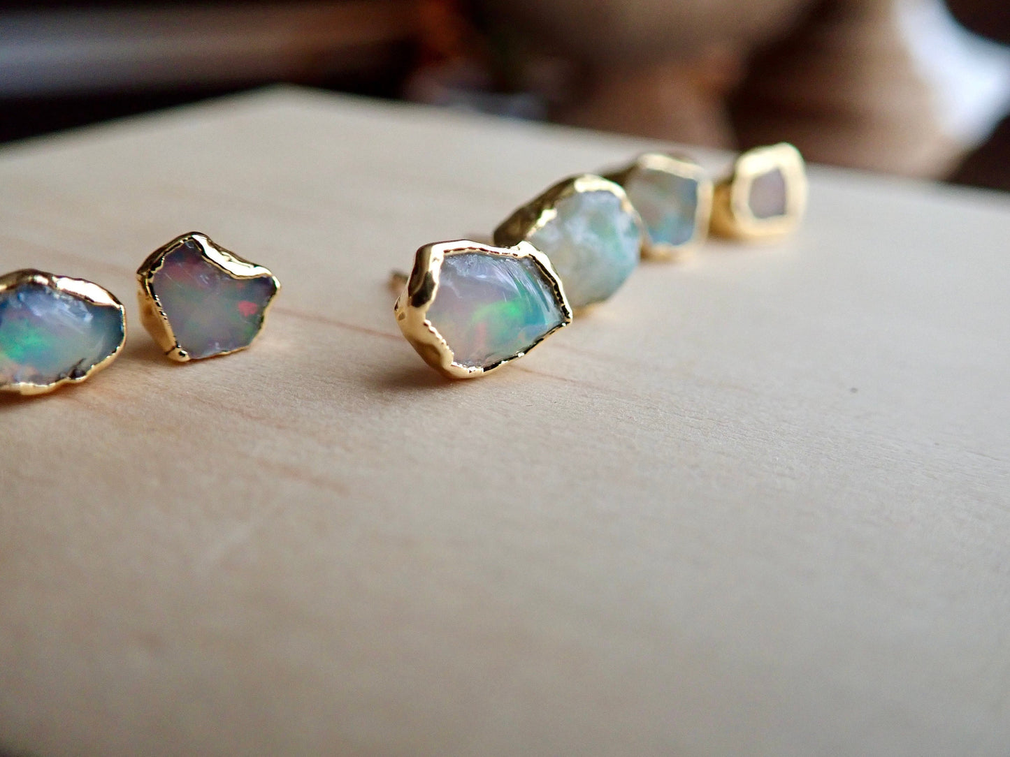 Raw Fire Opal Stud Earrings – 14k Gold Electroplated Sterling Silver – Genuine October Birthstone – Hypoallergenic Gold Posts – Handmade Gift for Her