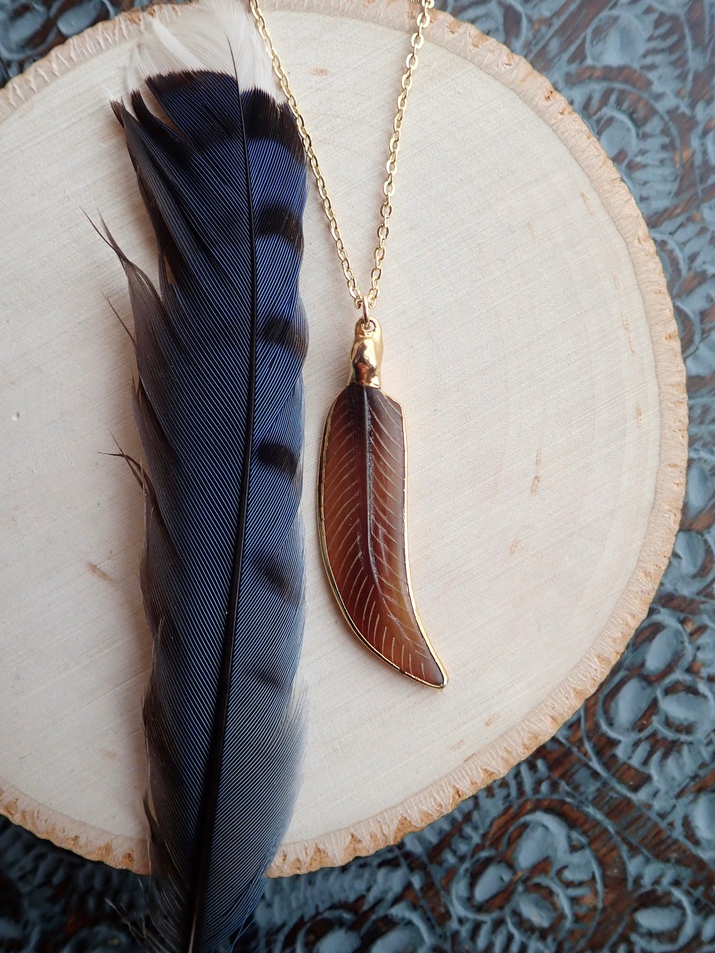 Hand Carved Feather Pendant – Gold Filled Chain, Tribal Boho Vibes