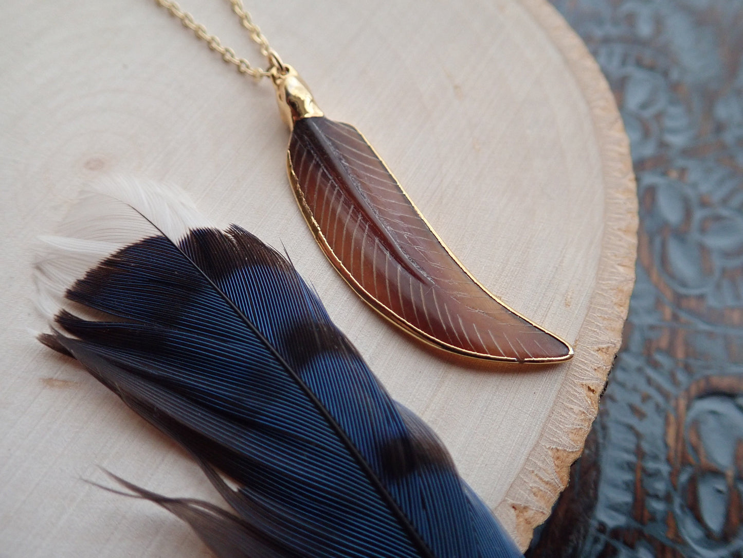 Hand Carved Feather Pendant – Gold Filled Chain, Tribal Boho Vibes
