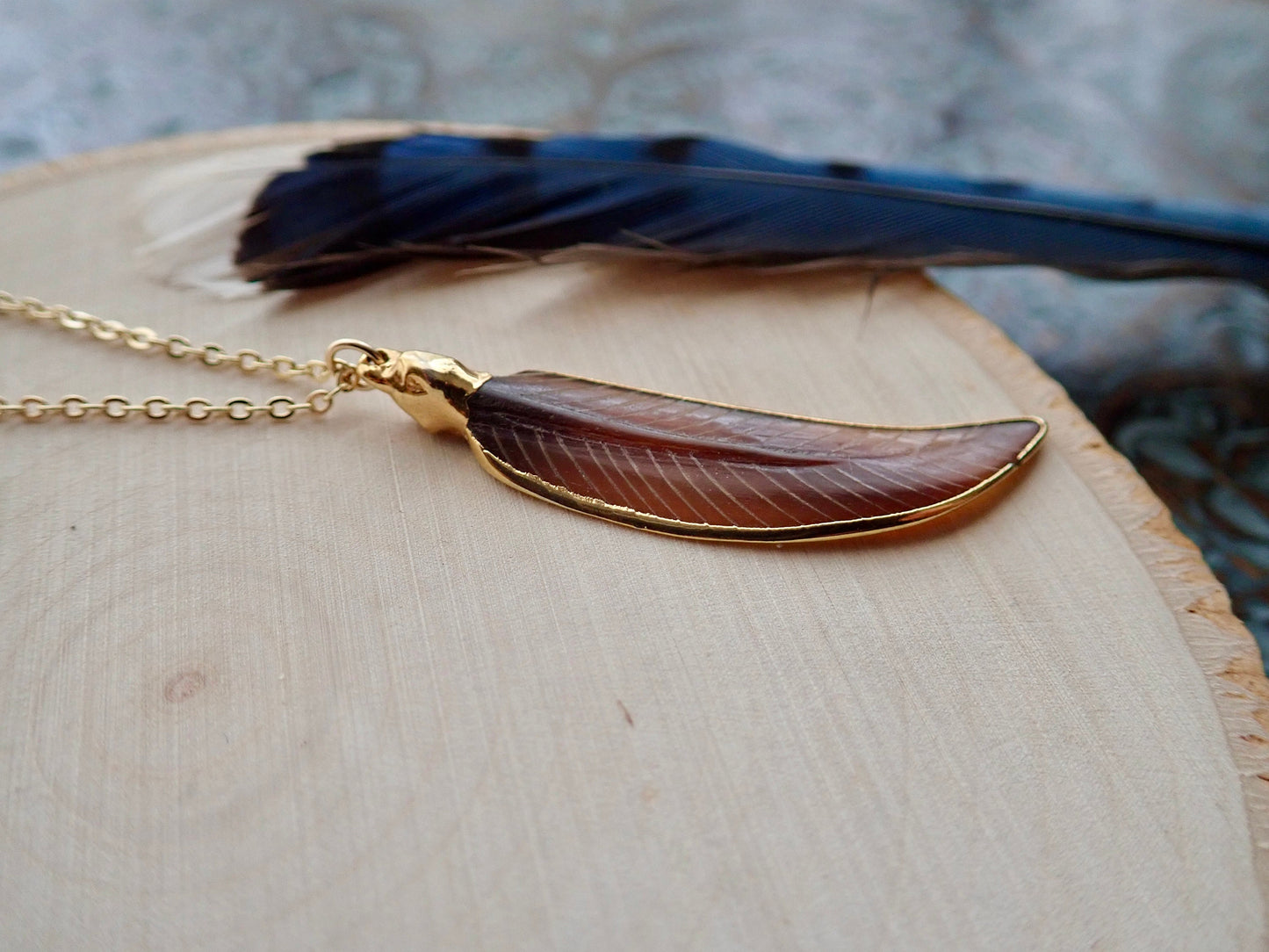 Hand Carved Feather Pendant – Gold Filled Chain, Tribal Boho Vibes