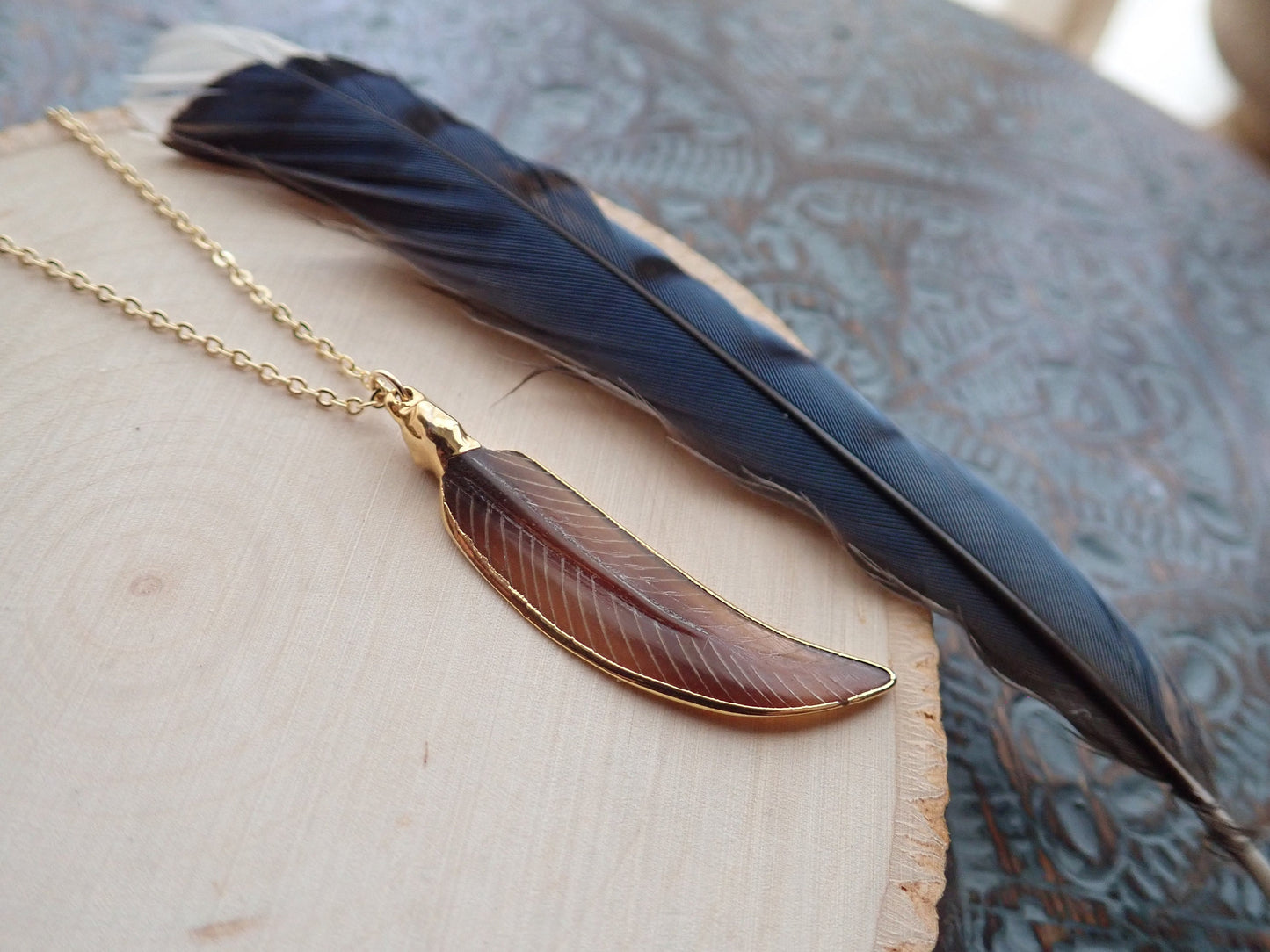 Hand Carved Feather Pendant – Gold Filled Chain, Tribal Boho Vibes
