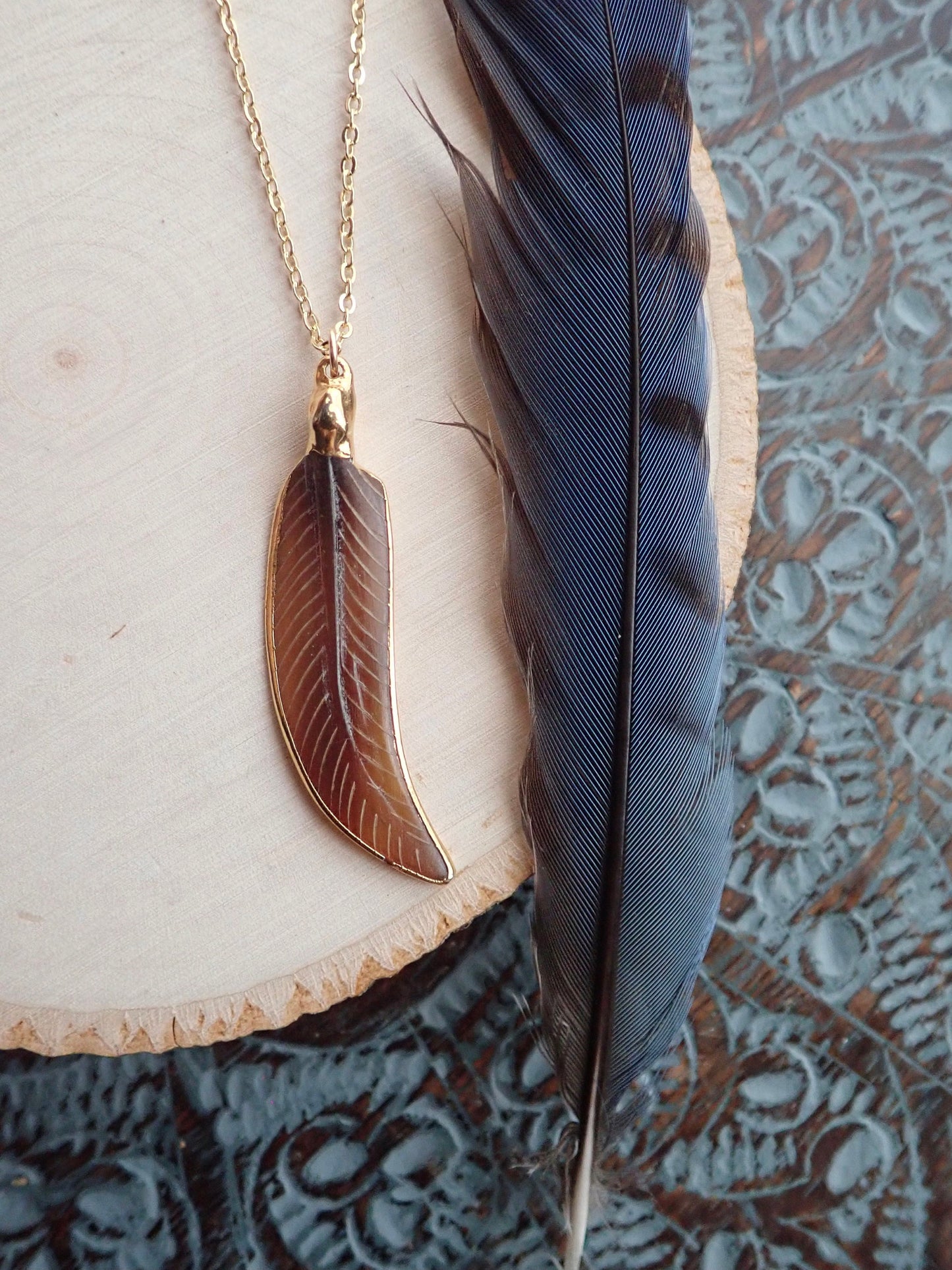 Hand Carved Feather Pendant – Gold Filled Chain, Tribal Boho Vibes