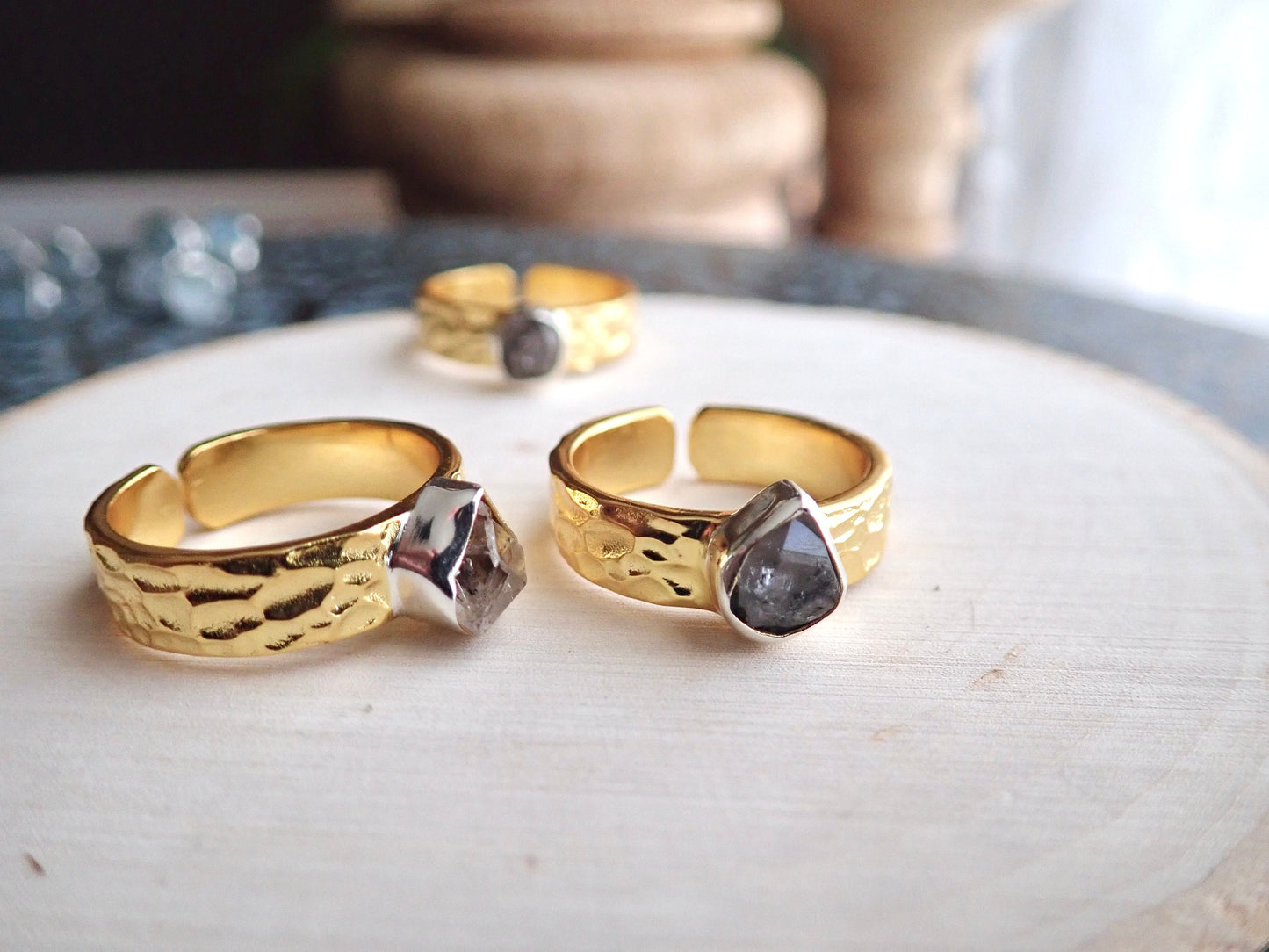 Raw Herkimer Diamond Ring – Wide Hammered Band in Two-Tone Gold & Silver - Rustic Herkimer Diamond Ring – Mixed Metal Band with Raw Crystal Solitaire